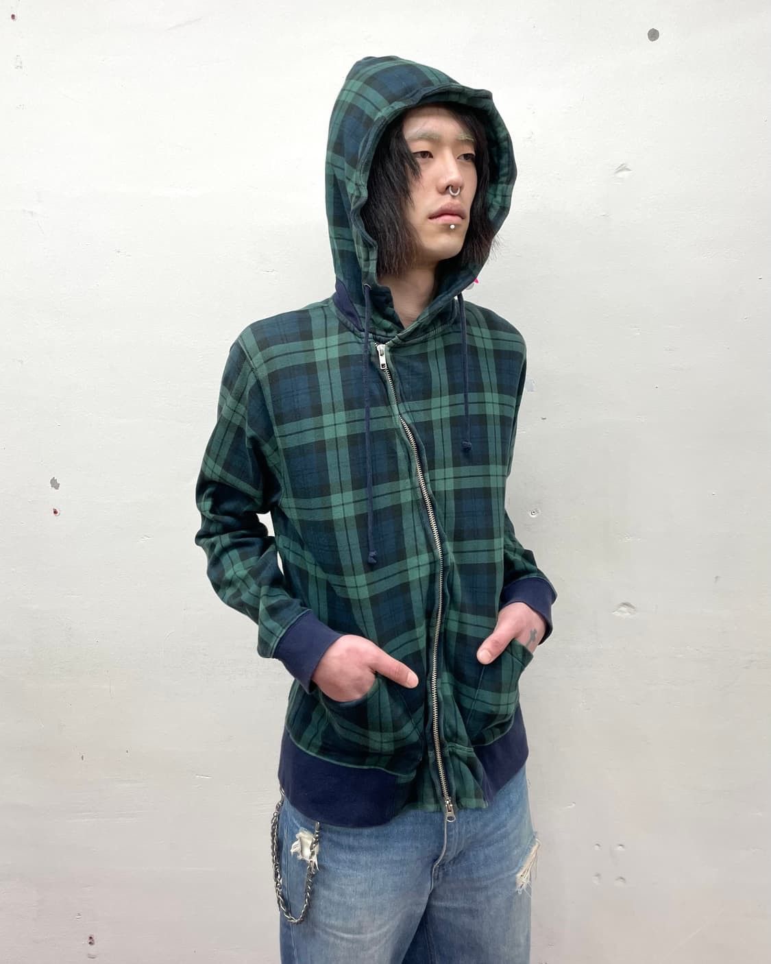 Beams Plus 2000's Beams Asymmetric Wire Hood Zip-Up Check Hooded Jacket Size US L / EU 52-54 / 3 - 10 Thumbnail