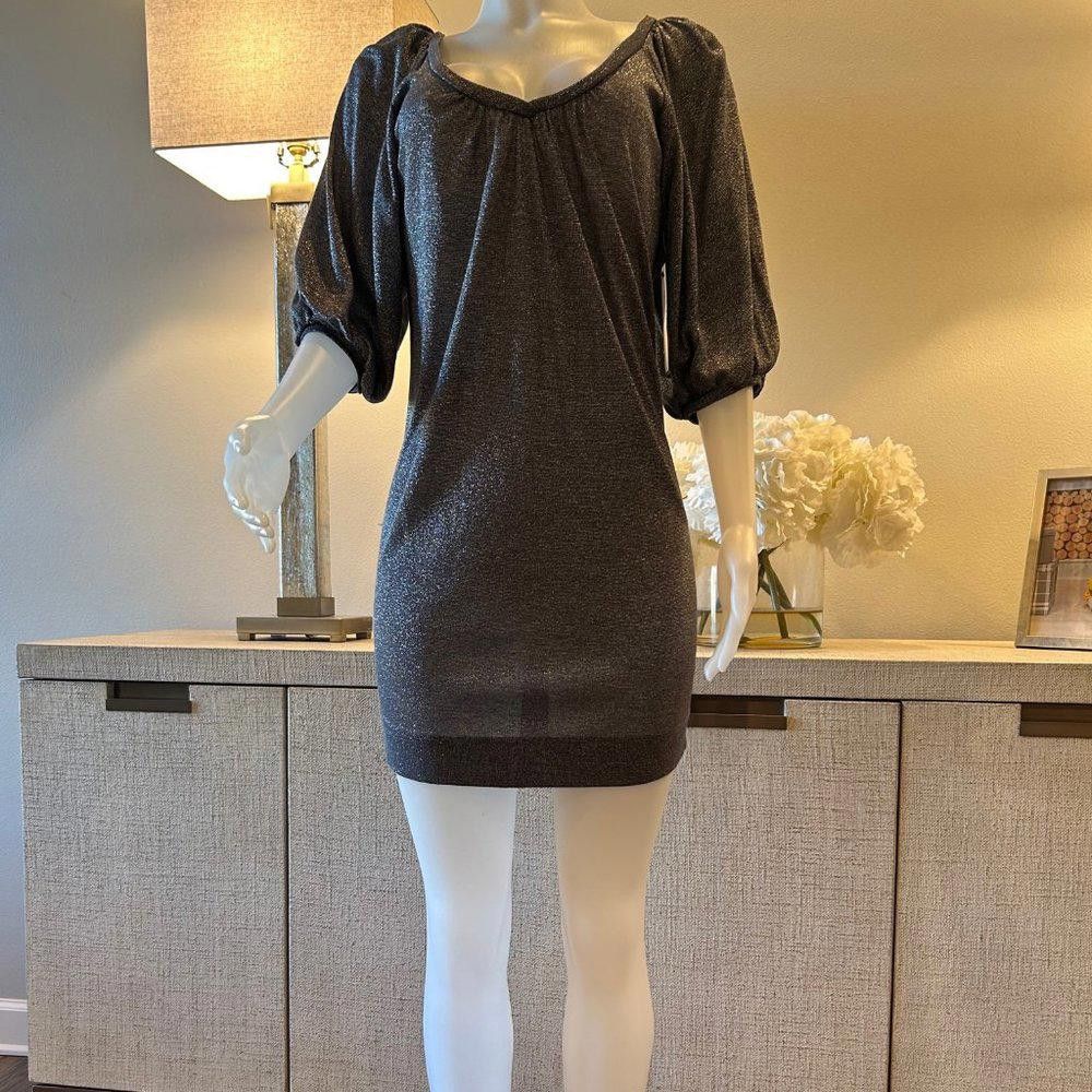 Designer Karlie Silver Metallic Mini Dress with Puffed Sleeves Size S / US 4 / IT 40 - 1 Thumbnail