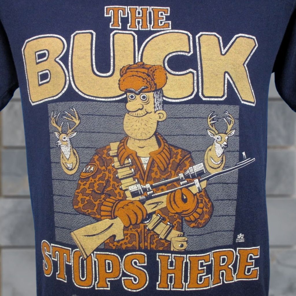 Vintage vintage 80s THE BUCK STOPS HERE T-Shirt SMALL HUNTING CARTOON deer rifle thin Size US S / EU 44-46 / 1 - 1 Thumbnail