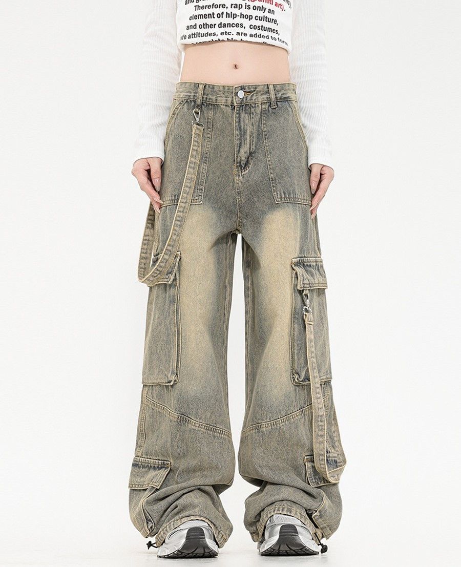 image of Gray Washed Cargo Denim Jeans in Grey, Women's (Size 26)