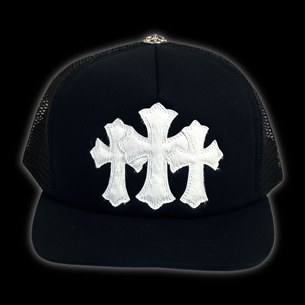 chrome hearts white pony hair triple cross trucker hat black