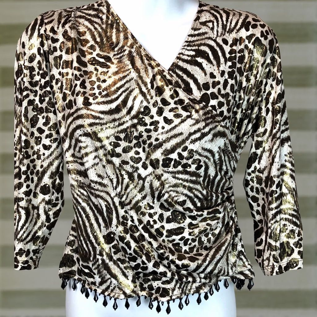 Vintage VINTAGE BFA Blouse PS Ivory/Gold Glitter Animal 3/4 Sleeve Beaded Hem 90s Y2K Womens Size S / US 4 / IT 40 - 1 Thumbnail
