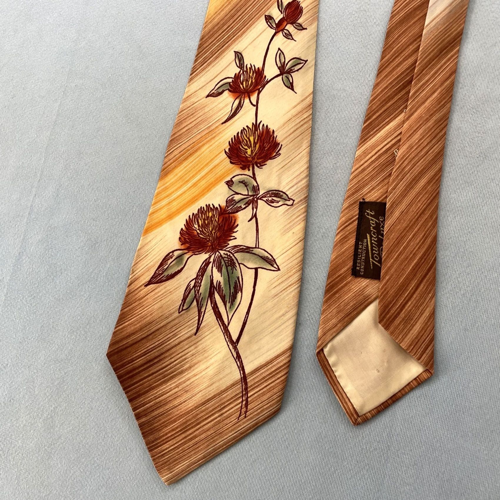 MCM Vtg Towncraft Delux Tie Floral Striped MCM Deco 4.2x51 Brown USA Hand Painted Neckwear Men’s One Size 101 Size ONE SIZE - 6 Thumbnail