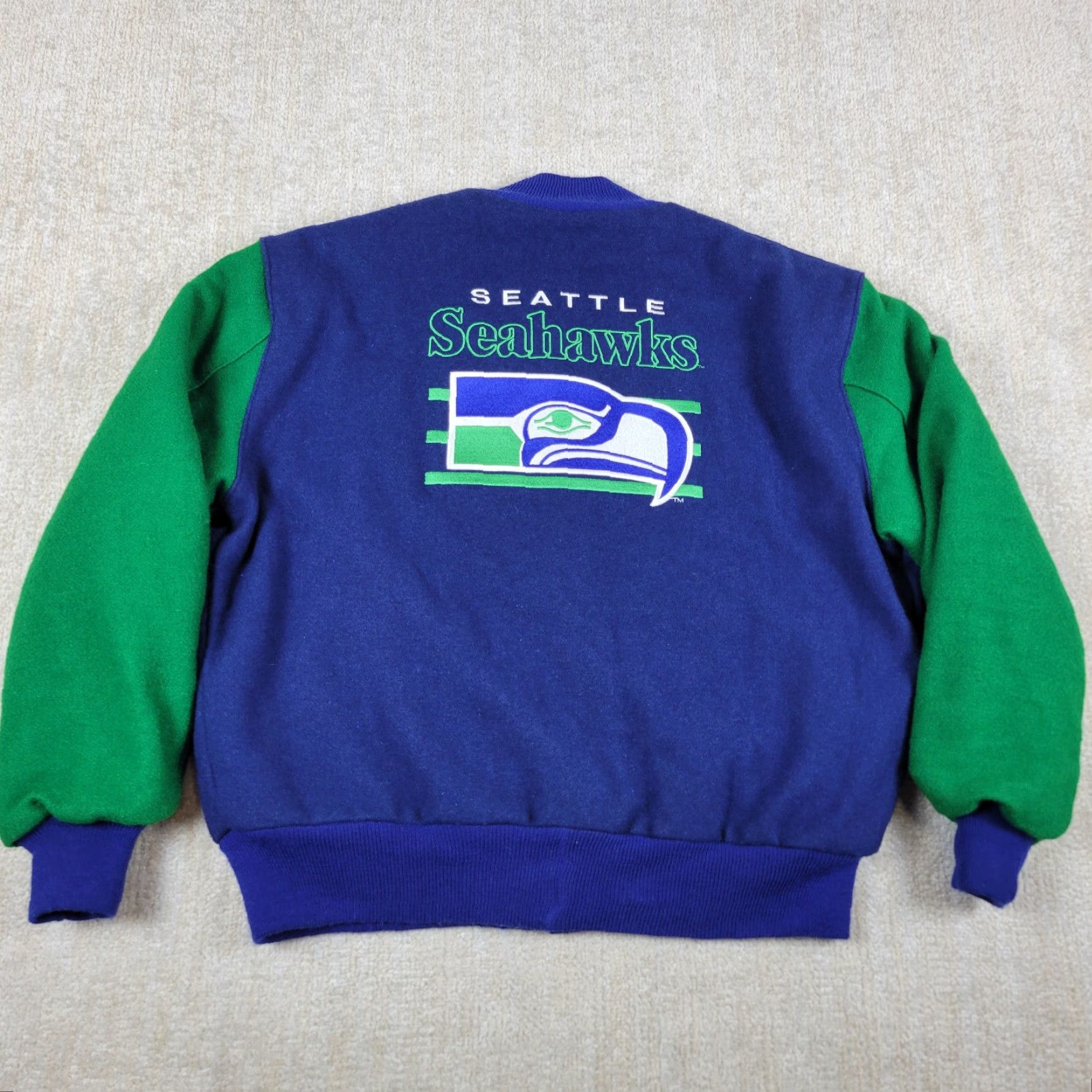 Vintage VINTAGE DeLong Seattle Seahawks Wool Varsity Jacket Mens XL Blue Green Snap USA 70s Size US XL / EU 56 / 4 - 2 Thumbnail
