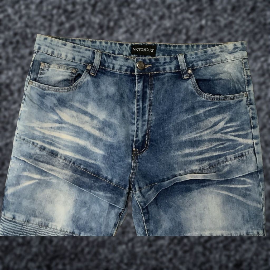 Denime VICTORIOUS Jeans Blue 38X32 Men Biker Denim Tapered Scrunched Moto 5-Pocket Design Jeans Men Accessories? Size US 38 / EU 54 - 1 Thumbnail