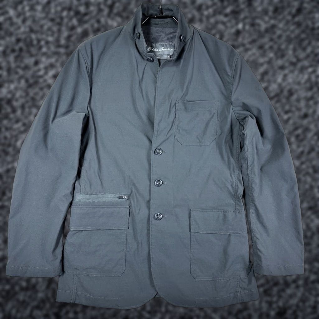 Eddie Bauer Travex Voyager Jacket Mens 38 Dark Gray Blazer Travel Stretch Button Outdoor All Seasons Wind-Resistant Pockets Zip Mid-Length