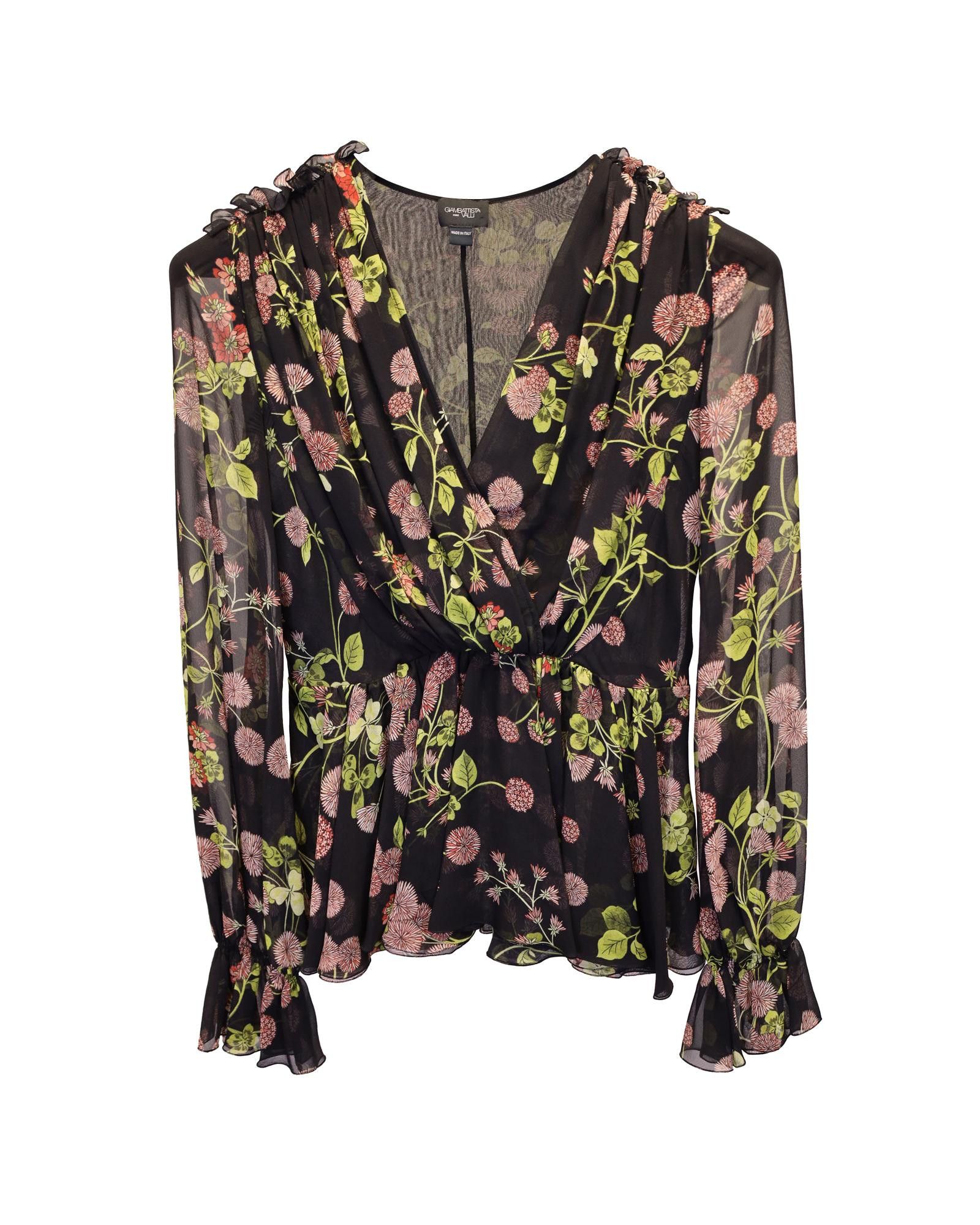 image of Giambattista Valli Floral Peplum Blouse In Lightweight Viscose With Long Sleeves, Women's (Size Sma