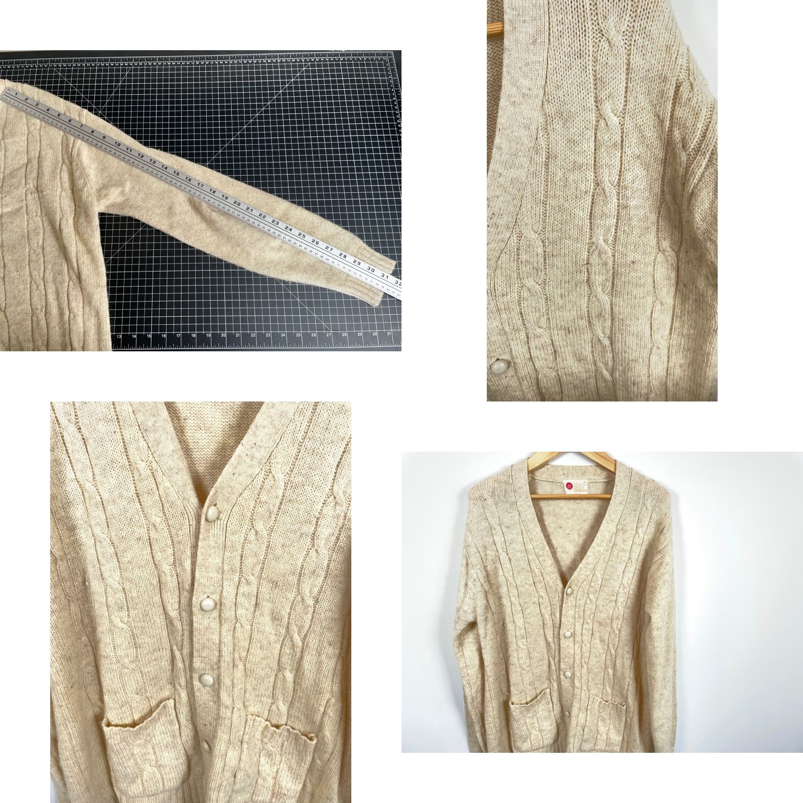 VINTAGE Sears Kings Road Cardigan Men's XLT Beige Knit Wool Blend Heavyweight Cable-Knit Sweater