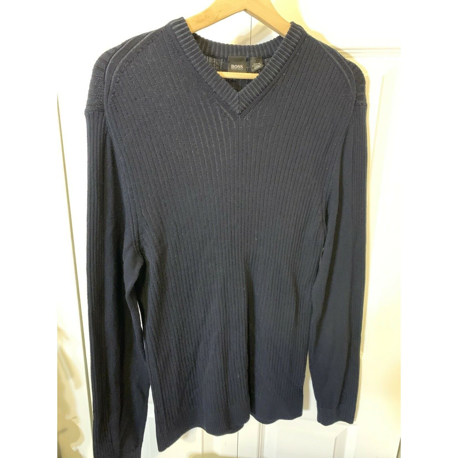 Hugo Boss Hugo Boss Midnight Blue Stripe V Neck Wool Sweater Size US M / EU 48-50 / 2 - 5 Thumbnail