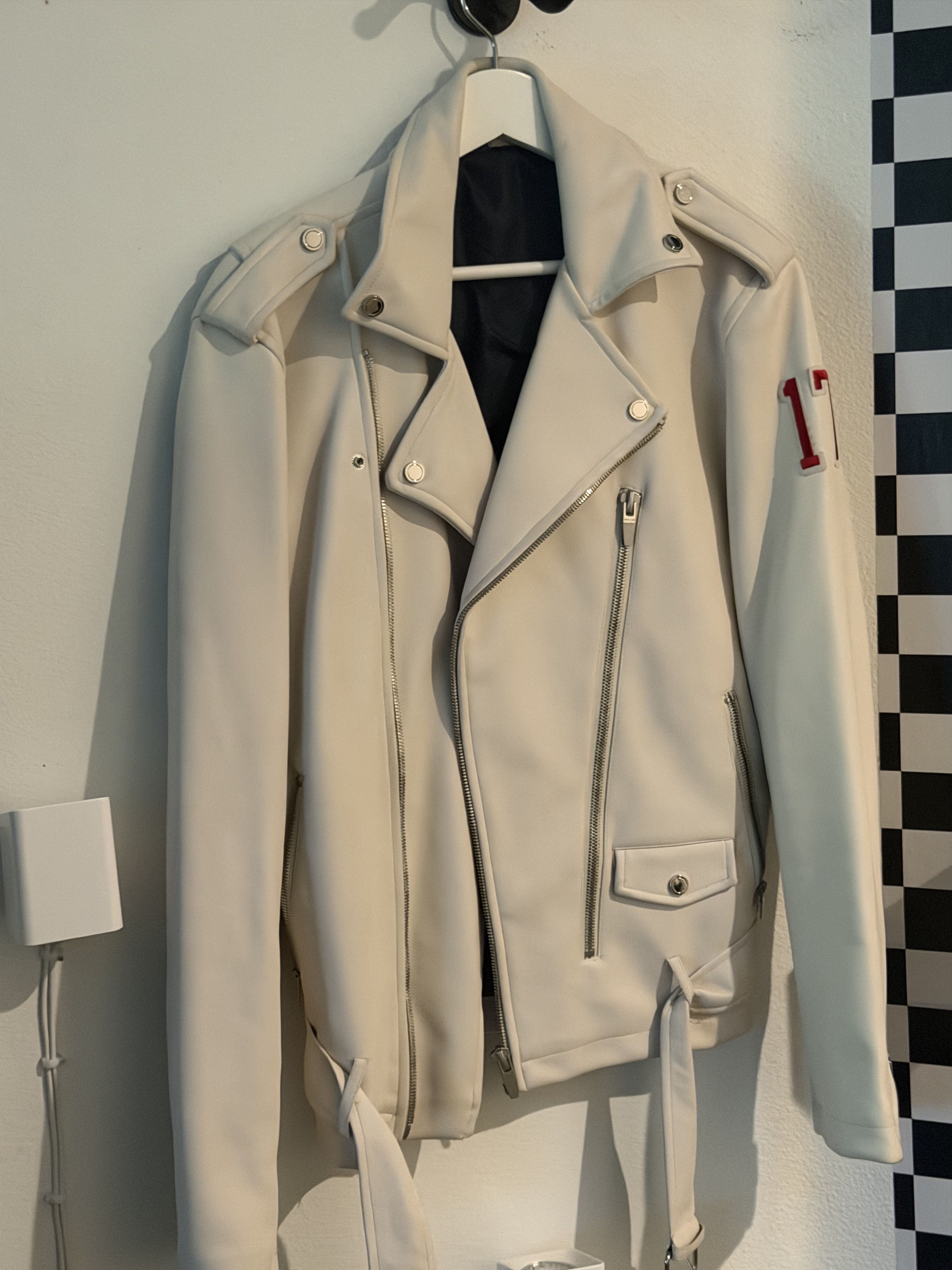 Zara Leather Biker Jacket (Cream) Size US M / EU 48-50 / 2 - 3 Thumbnail