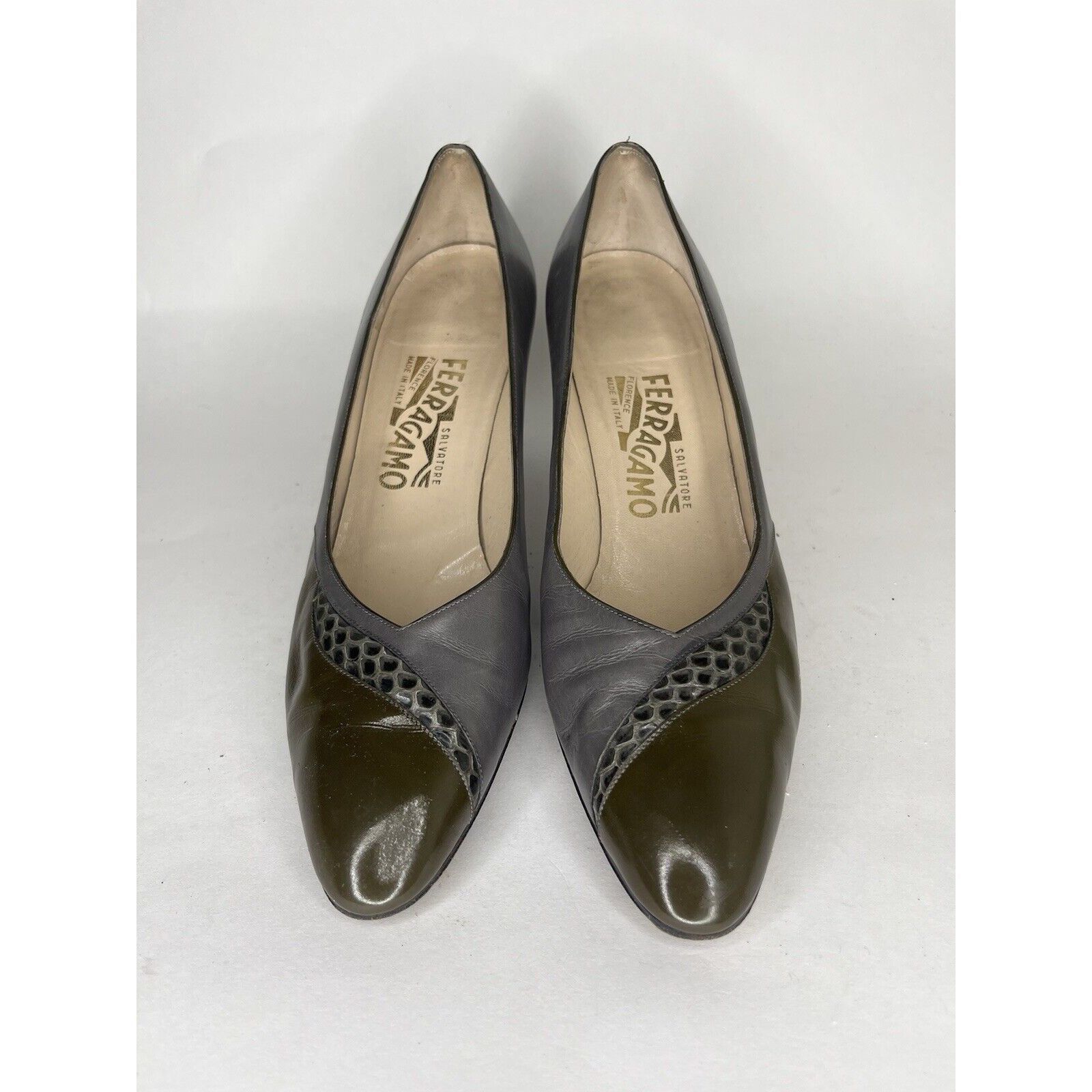 Salvatore Ferragamo Salvatore Ferragamo Gray Leather Green Dress Heels Women’s S Size US 10 / IT 40 - 15 Thumbnail