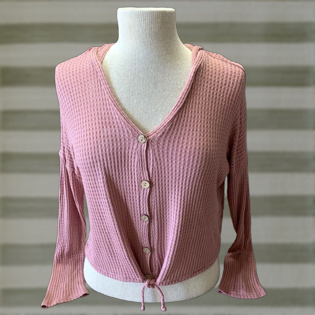 Pinko JOLIE Pullover Cropped Sweater Top Women M Peachy Pink Long Sleeve V-Neck Casual 90s Style Buttons & Tie at Waist Size M / US 6-8 / IT 42-44 - 1 Thumbnail