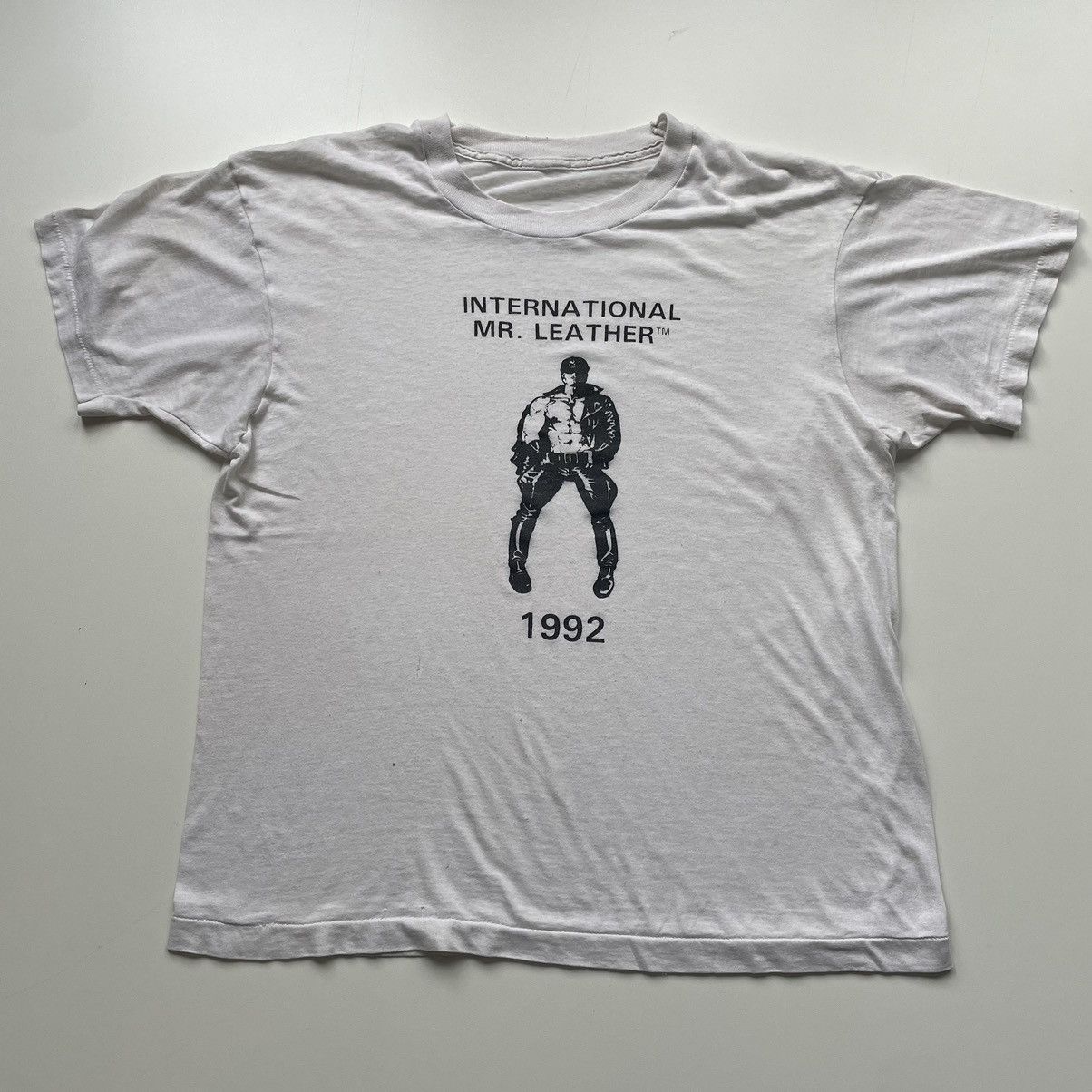 image of Made In USA Vintage 90's International Mr. Leather Gay Graphic T Shirt in White, Men's (Size Medium