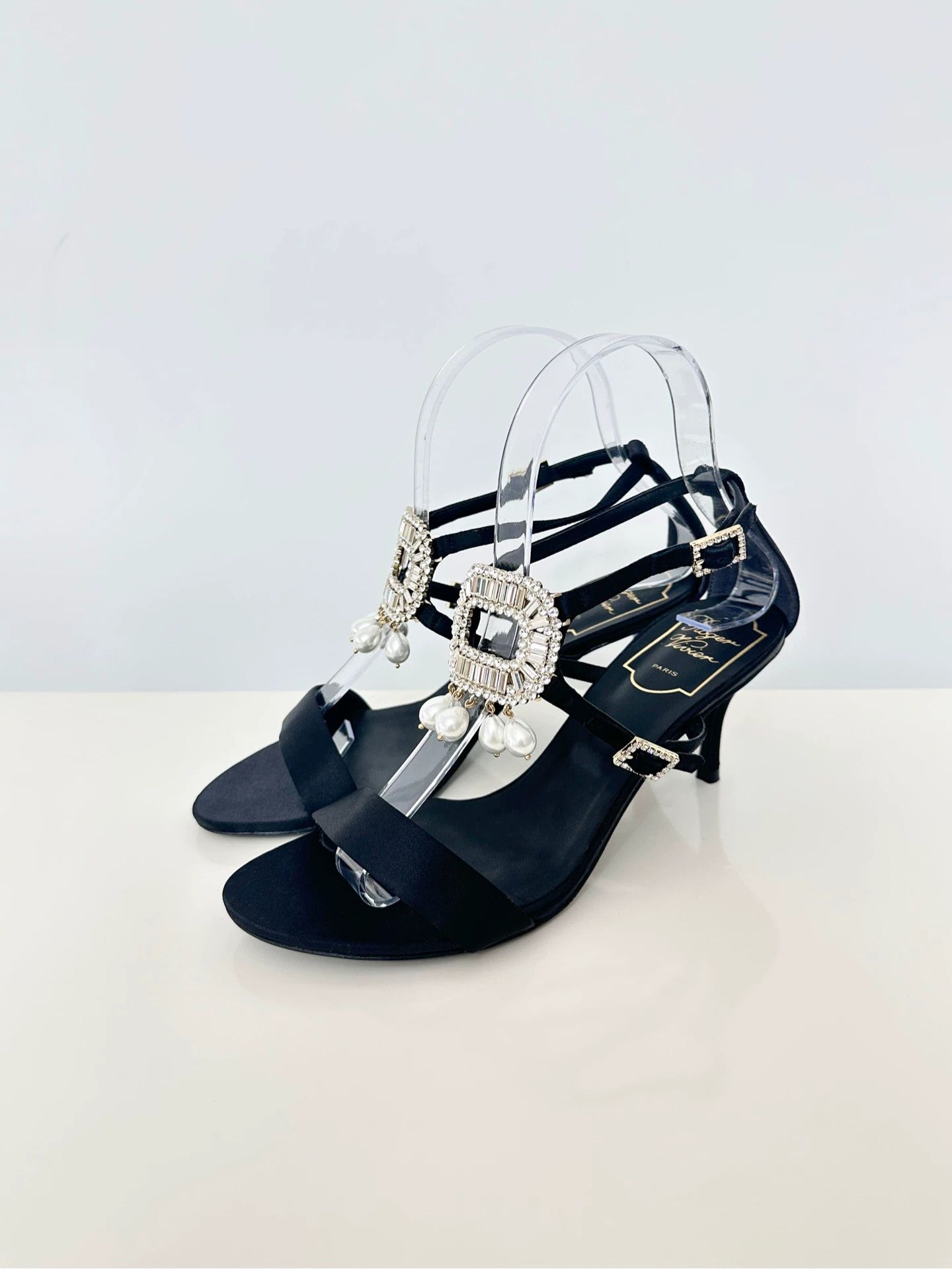 Roger Vivier RV Buckle Satin Crystal Pearl Black Sandal 37 Size US 6 / IT 36 - 1 Thumbnail