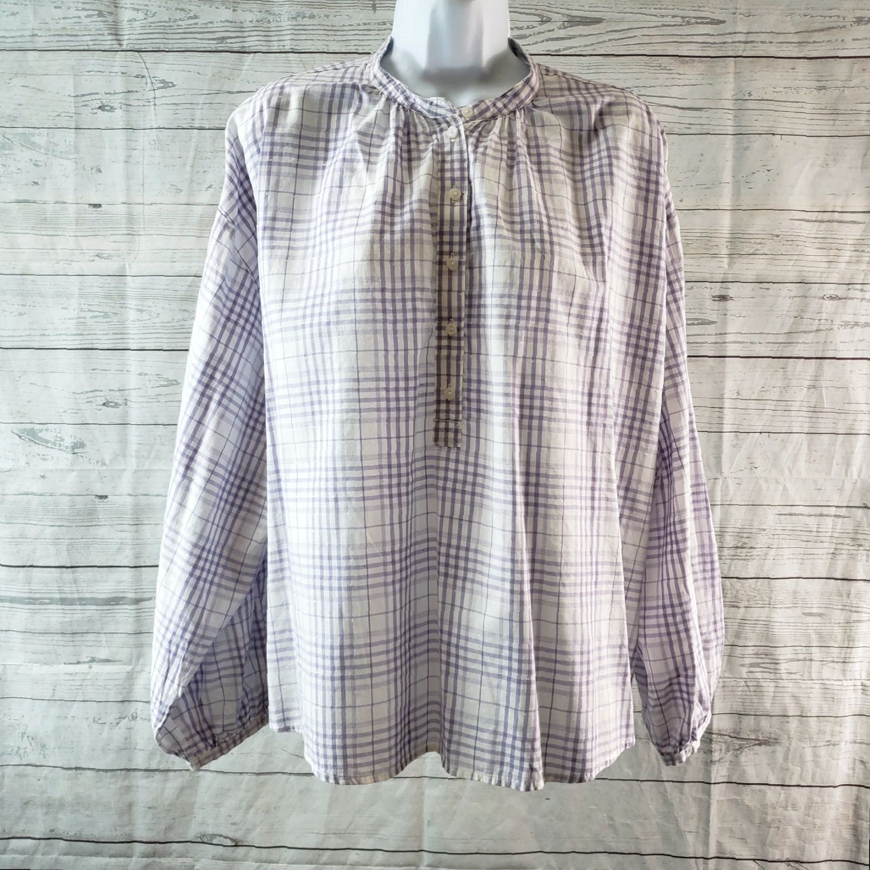 Vintage Universal Thread Womens Top Blouse Long Sleeve Round Neck Purple White Plaid Cotton Blend L Large Size L / US 10 / IT 46 - 2 Thumbnail