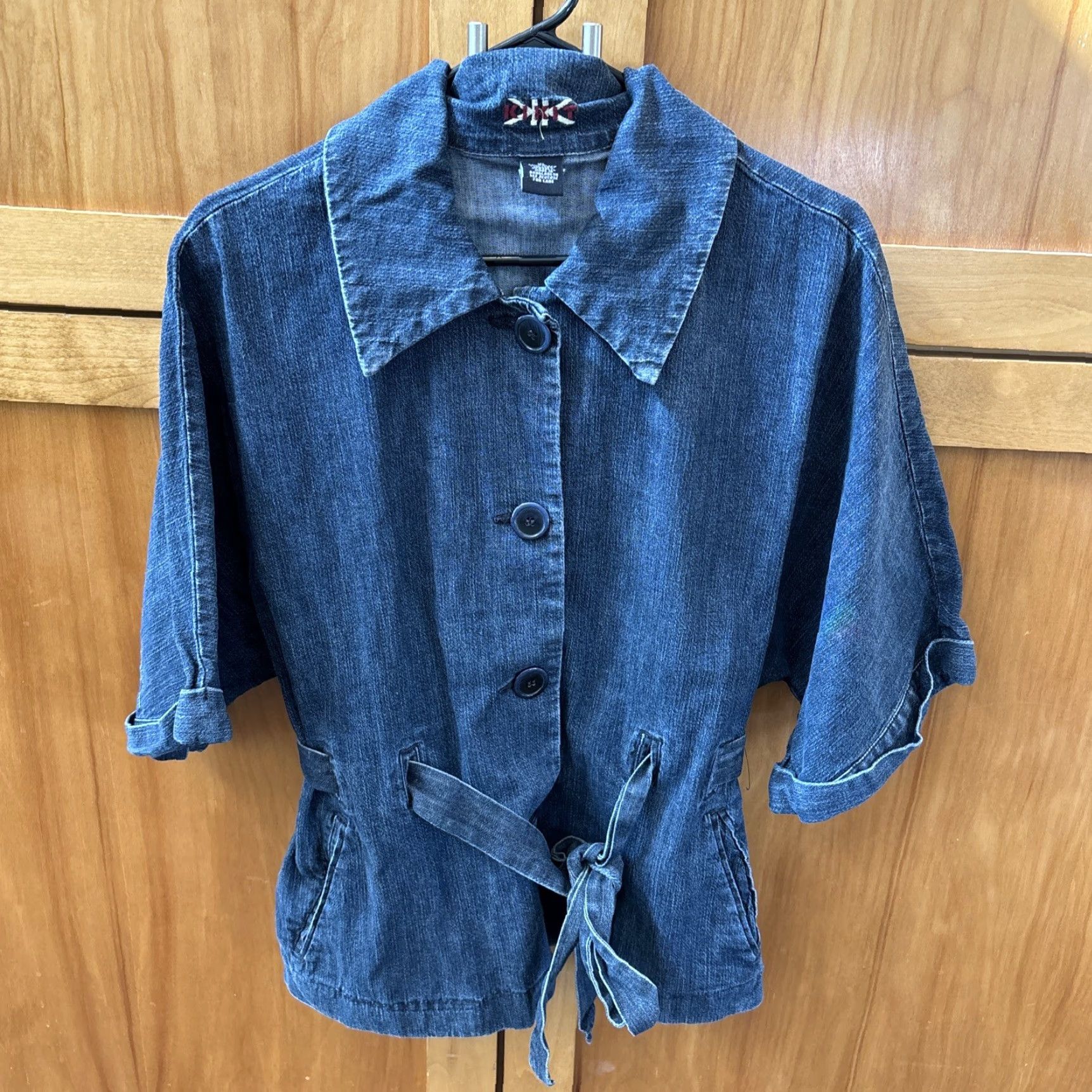 Denime VINTAGE Kikit Denim Jacket Buttons 3/4 Sleeve Pockets Belted Cotton Point Collar XL Blue Size XL / US 12-14 / IT 48-50 - 2 Thumbnail