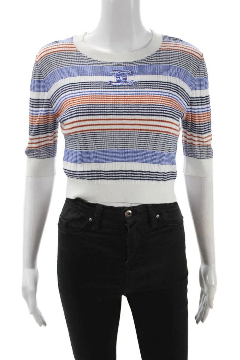 Chanel 21C White Orange Striped CC Logo Top Short Pullover Shirt 38 Size XS / US 0-2 / IT 36-38 - 8 Thumbnail