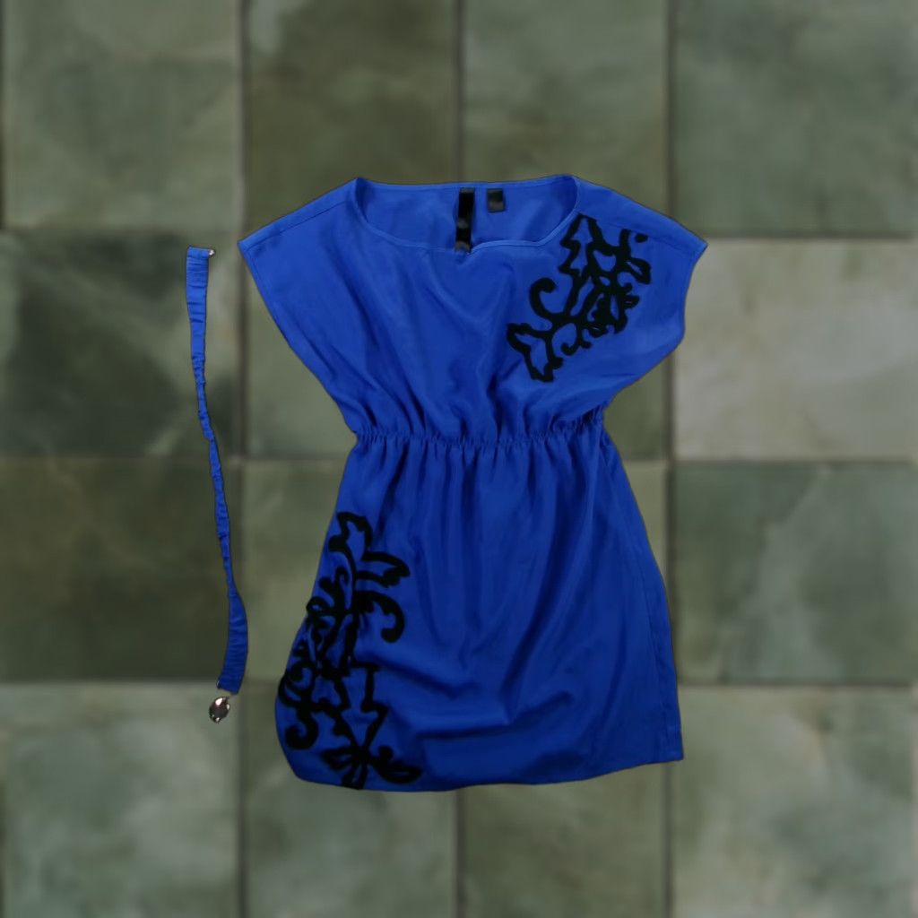 Vintage Womens Rayon Tunic Dress S Elastic Waist Belted Flocked Applique Royal Blue Size S / US 4 / IT 40 - 1 Thumbnail