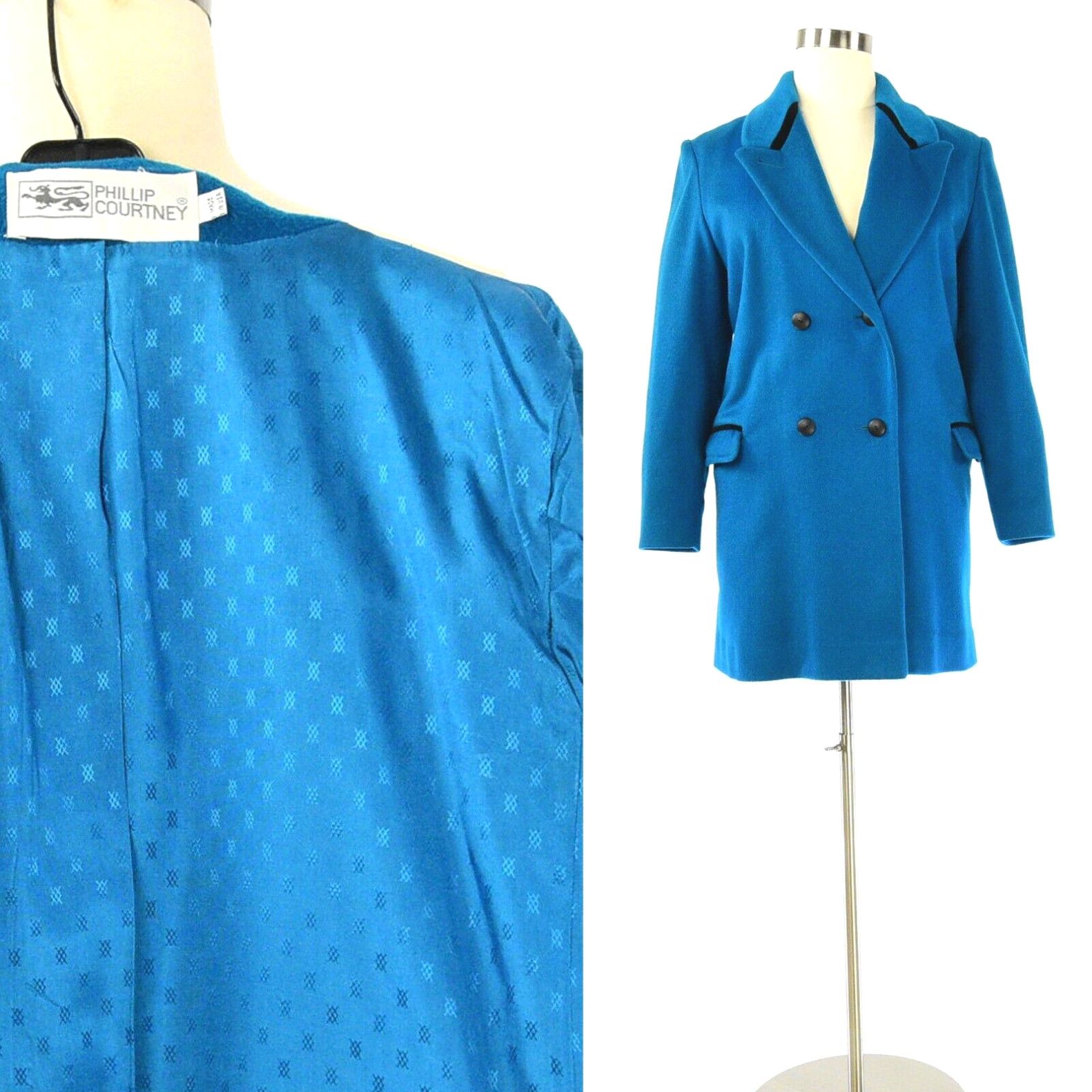 image of 90's Vintage Womens XL Teal Green Double Breasted Coat Phillip Courtney Velvet in White