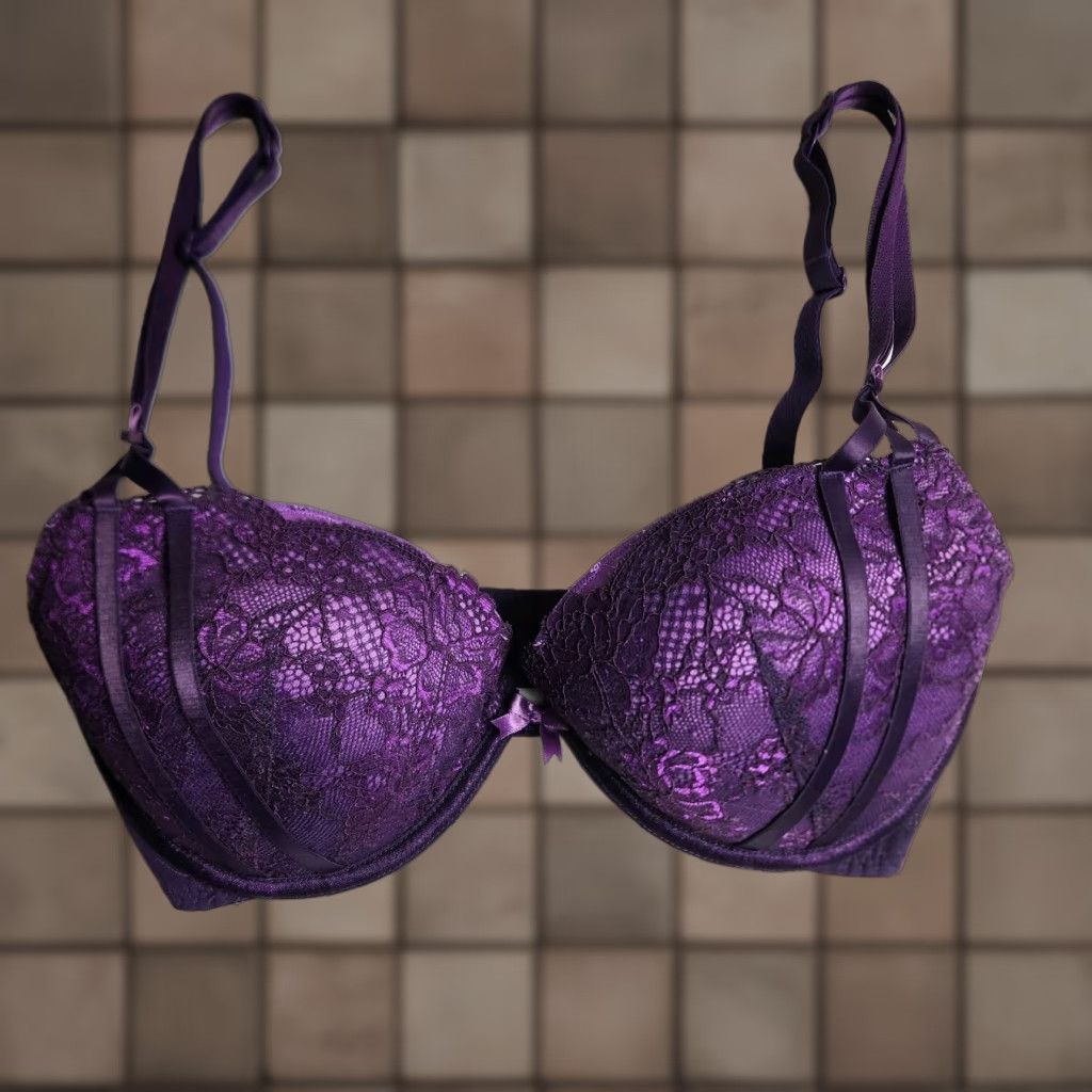 Vintage Adore Me Bra |32DD| Plum Purple Lace Push Up Balconette Bra Womens 32DD Purple Lace Back Closure Adjustable Strap Removable Pads Size ONE SIZE - 1 Thumbnail