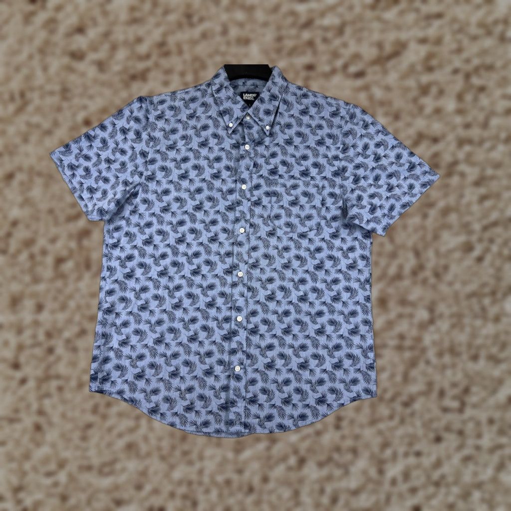 Lands' End Lands' End Shirt Mens Large Blue Palm Leaf Pattern Hawaiian Cotton Button Up Shirt Men Size US L / EU 52-54 / 3 - 1 Thumbnail