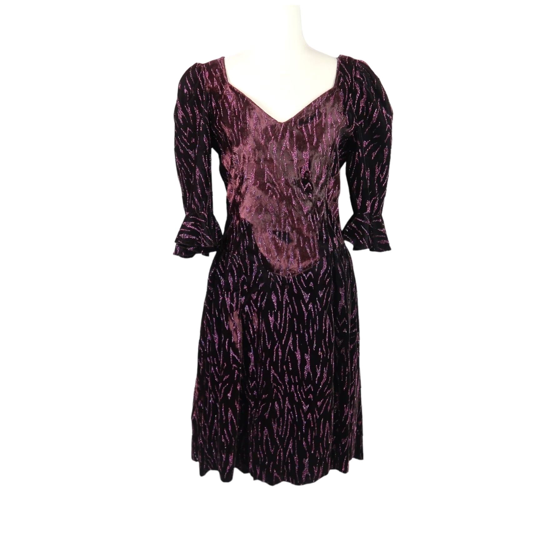 Velvet VINTAGE 80s plum purple velvet glitter midi prom party dress S Dress Girls 1980s Glam Rock Tea Size S / US 4 / IT 40 - 2 Thumbnail