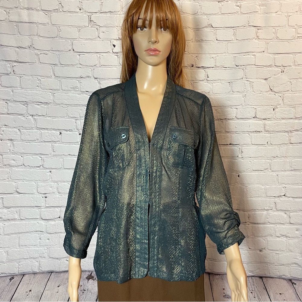 Chicos New Chico's Sheer Dark Green Metallic Lightweight Jacket Si Size S / US 4 / IT 40 - 1 Thumbnail