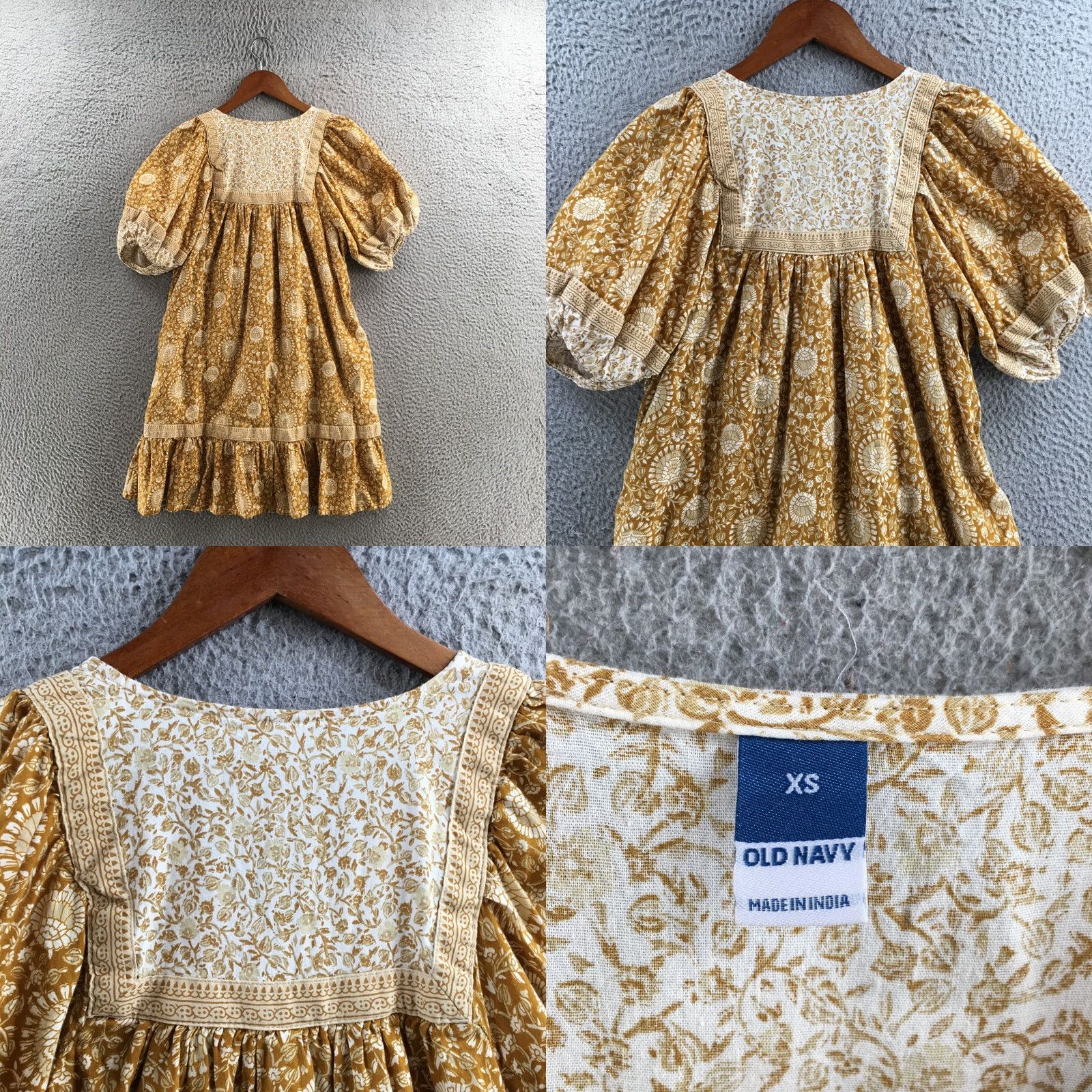 Old Navy Old Navy Dress Womens XS Mustard Floral Short Puff Sleeve Boho Peasant Tassel Size 26" / US 2 / IT 38 - 8 Thumbnail