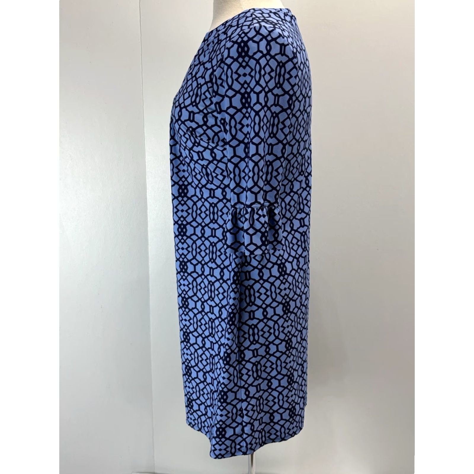 Vintage Jude Connally Blue Geometric Shift Dress Small Womens U-Neck Ruffle Sleeve Casual Size S / US 4 / IT 40 - 2 Thumbnail