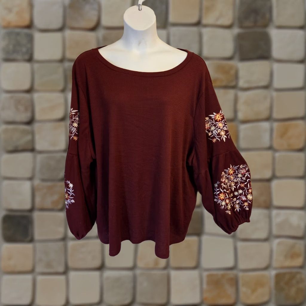 Vintage Bloomchic Burgundy Floral Embroidered Waffle Knit Balloon Sleeve Top Red 30 6X Plus Womens Size 4XL / US 24-26 - 1 Thumbnail