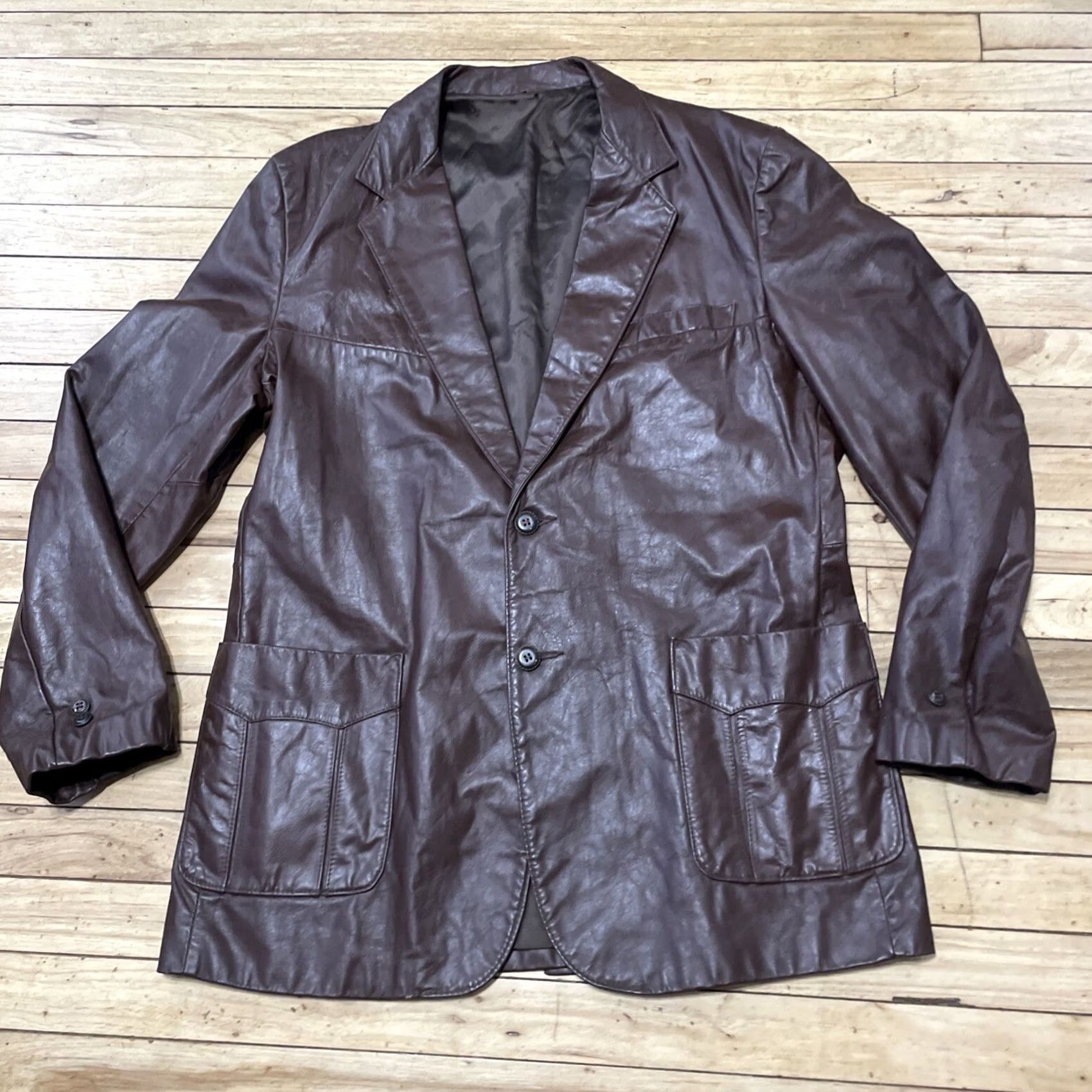 Sears VINTAGE Sears Clipper Mist Men 44 Tall Leather Blazer Jacket Brown 70s Western Chore Style 44T Mens Size 44R - 4 Thumbnail