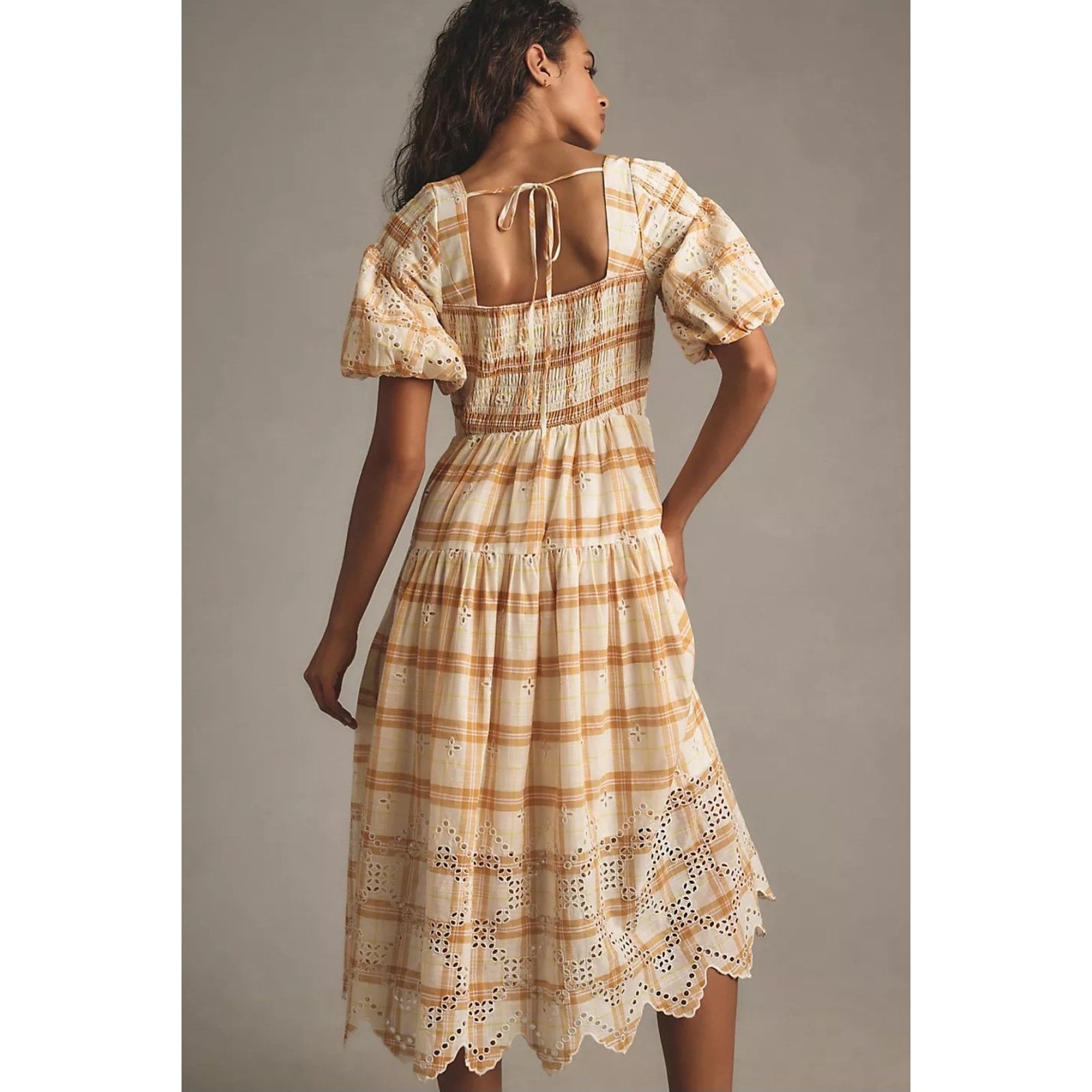 Anthropologie NWT Puff-Sleeve Eyelet Midi Dress $188 MEDIUM PETITE Smocked Size M / US 6-8 / IT 42-44 - 3 Thumbnail