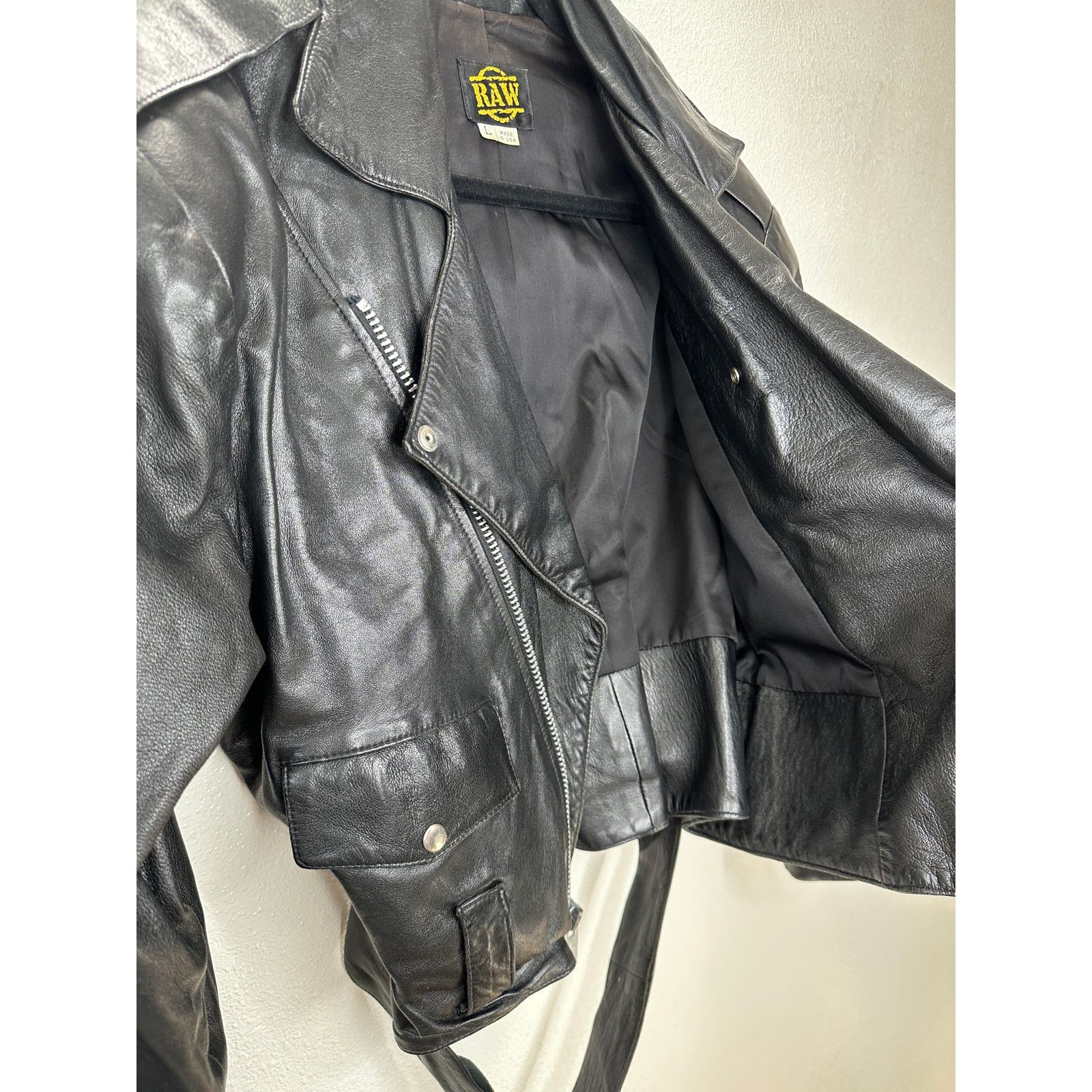 Other Raw Black Leather Silver Zip & Hardware Belted Moto Jacket L Size L / US 10 / IT 46 - 6 Thumbnail