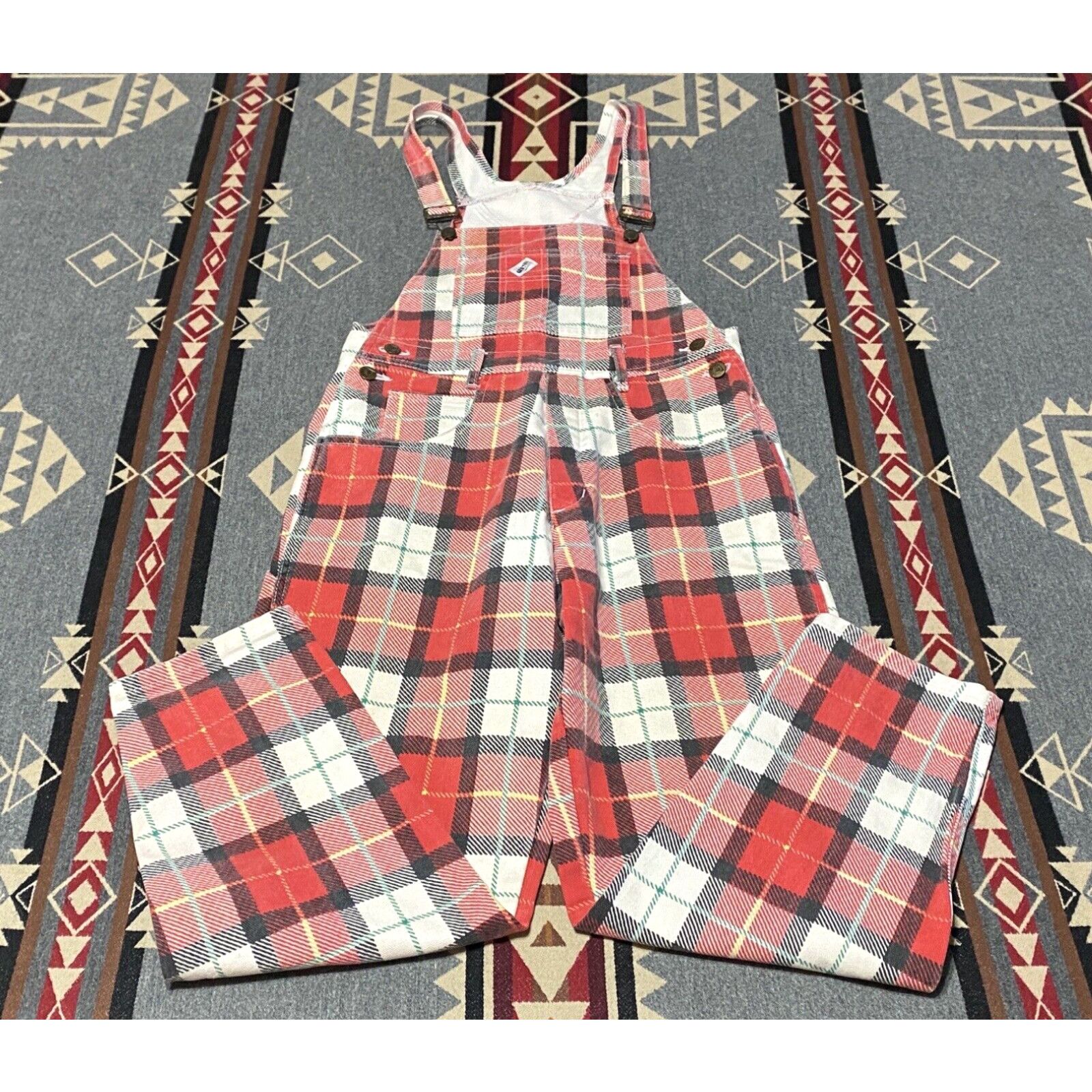 image of Guess Vintage Plaid Check Overalls Womens Size 3 Red White 80's 90's T77