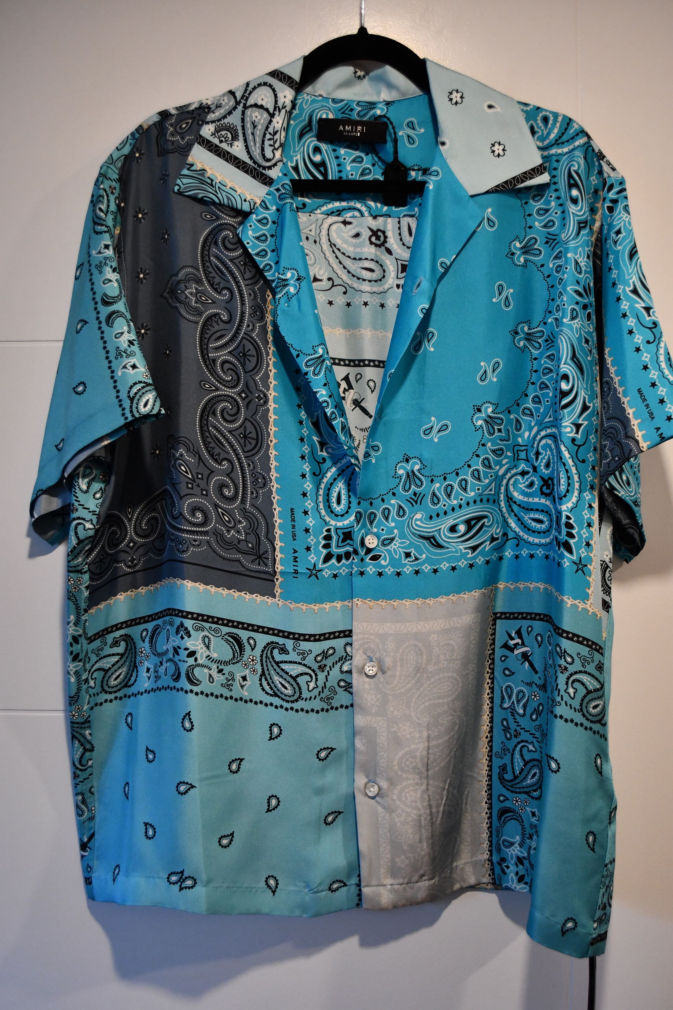 Aqua Blue Bandana Reconstructed Short Sleeve Silk Shirt
