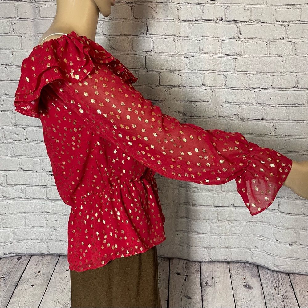 Vince Camuto NWT New Vince Camuto Red Off the Shoulder Foil Chiffon Blou Size XS / US 0-2 / IT 36-38 - 3 Thumbnail