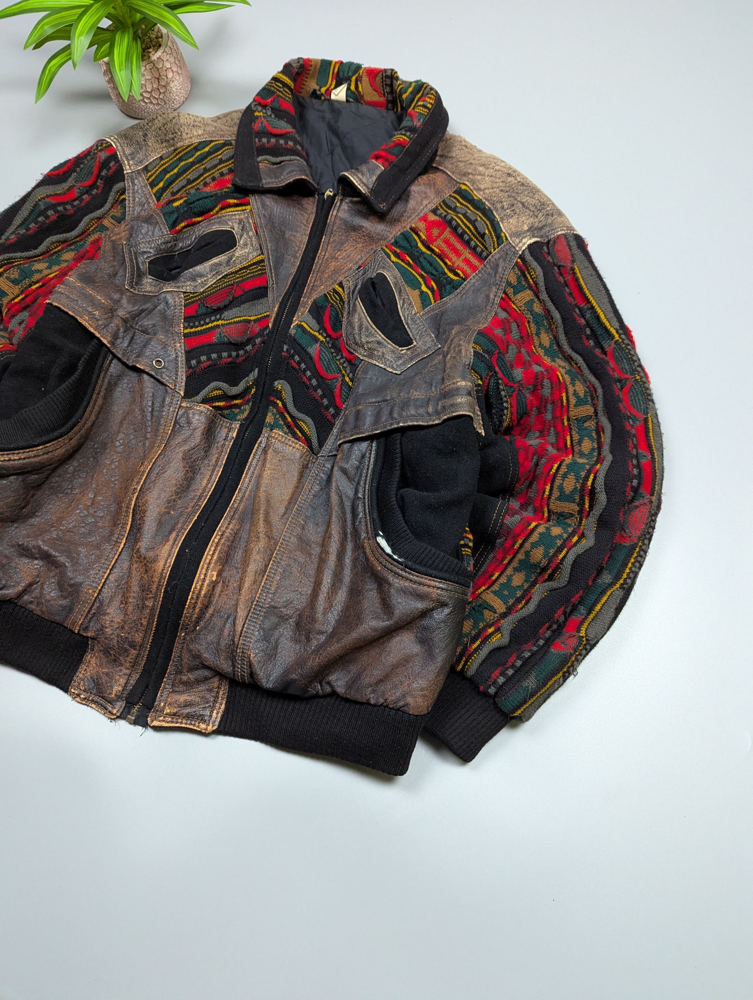 Vintage Roger Springfield Vintage 80s Leather×Knit Patchwork Bombe Size US L / EU 52-54 / 3 - 6 Thumbnail