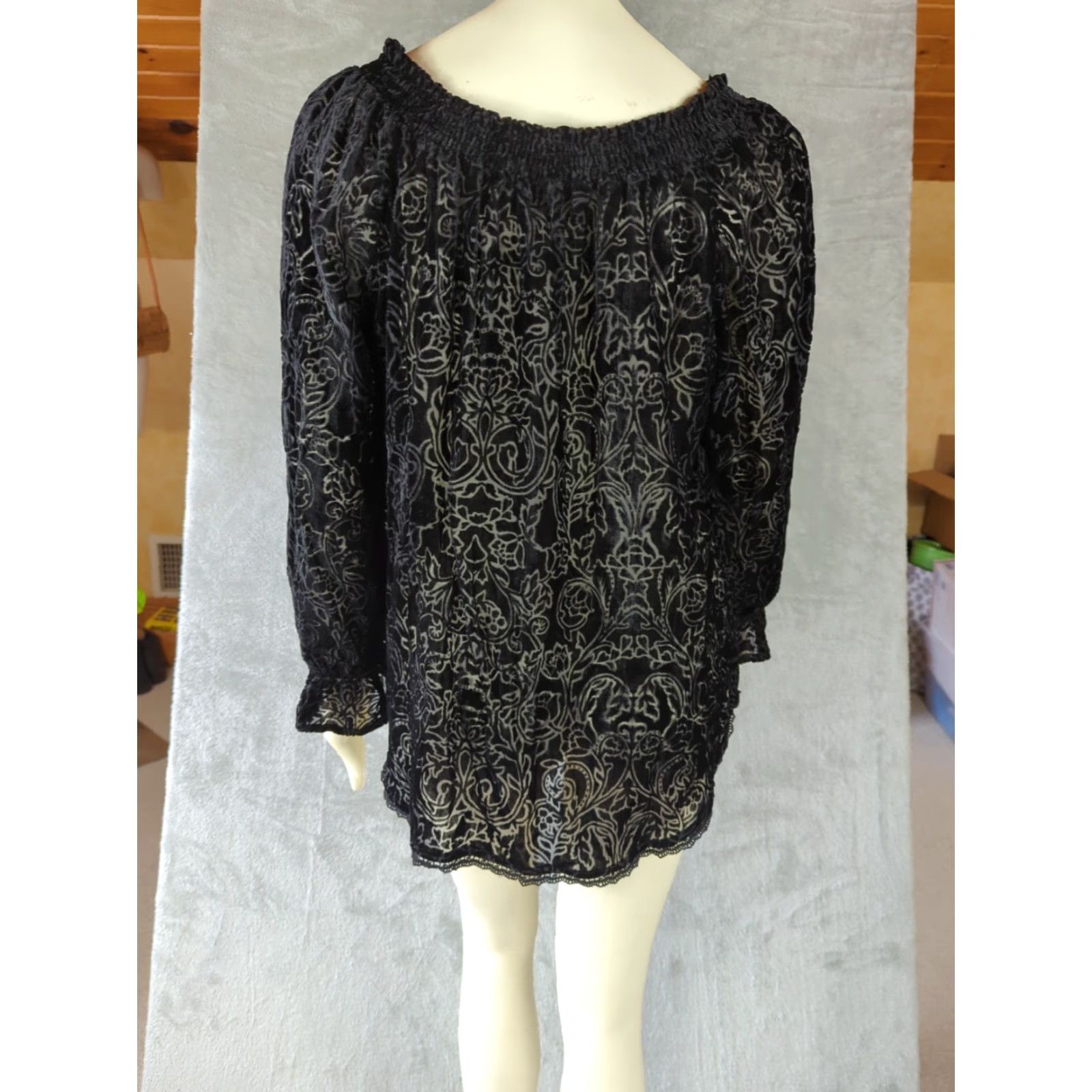 Vintage Knox Rose Black Burnout Velvet Long Sleeve Top Balloon Sleeve Round Neck Floral Flocked Velvet Blouse Women L Pullover Fashion Casual Party/Cocktail Size L / US 10 / IT 46 - 5 Thumbnail