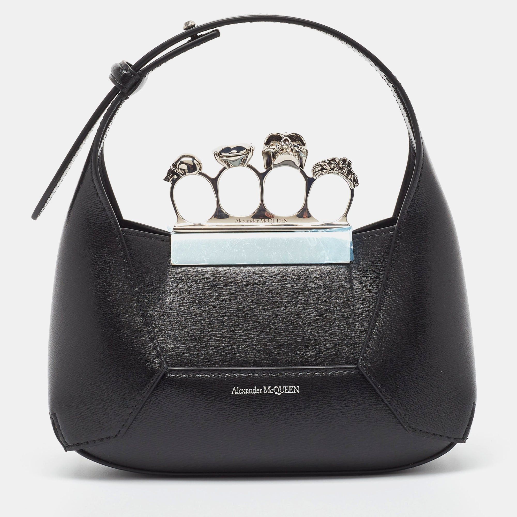 image of Alexander Mcqueen Black Leather Mini Jeweled Hobo, Women's