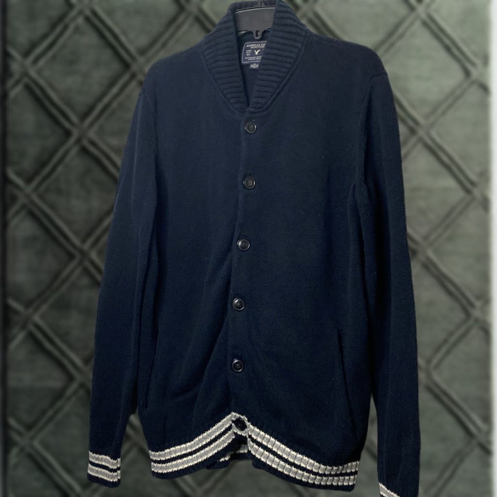 VINTAGE American Eagle Mens Cardigan Big & Tall MT Navy Grey Y2K Sweater