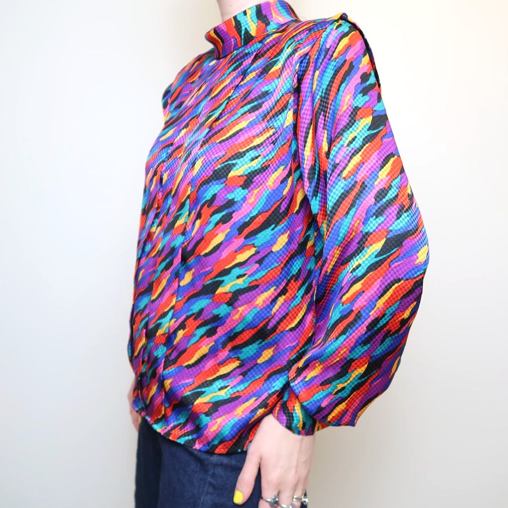 Rainbow VINTAGE Notches Shirt Purple Satin Abstract Print Rainbow 80s 90s Long Sleeve Shoulder Pads Back Buttons Roll Collar Size 13 Womens Size XL / US 12-14 / IT 48-50 - 6 Thumbnail