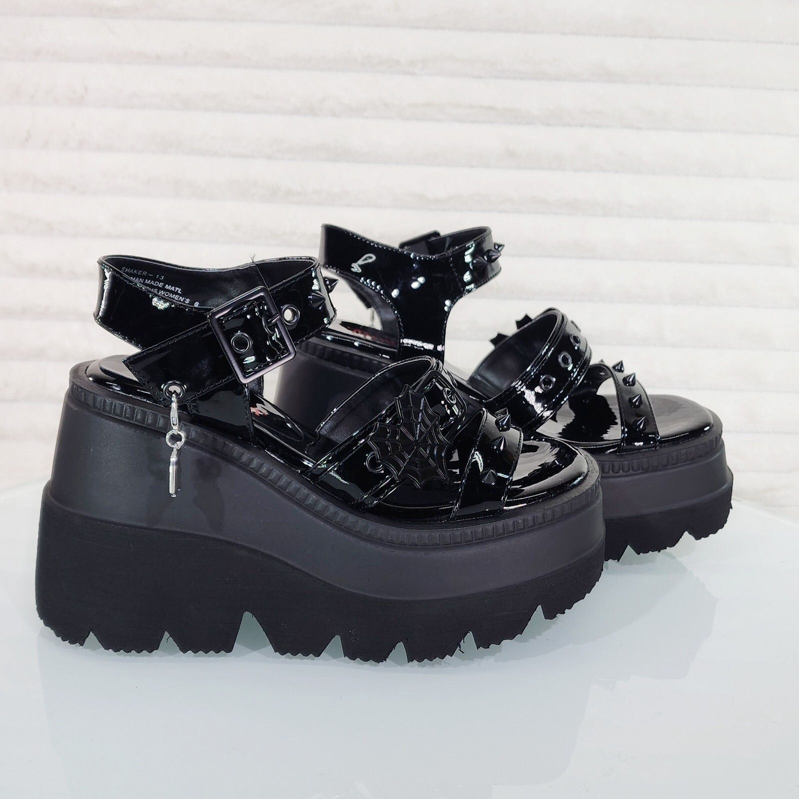 Other Shaker 13 Black Out Patent 4.5" Wedge Heel Gothic Sandals St Size US 6 / IT 36 - 6 Thumbnail