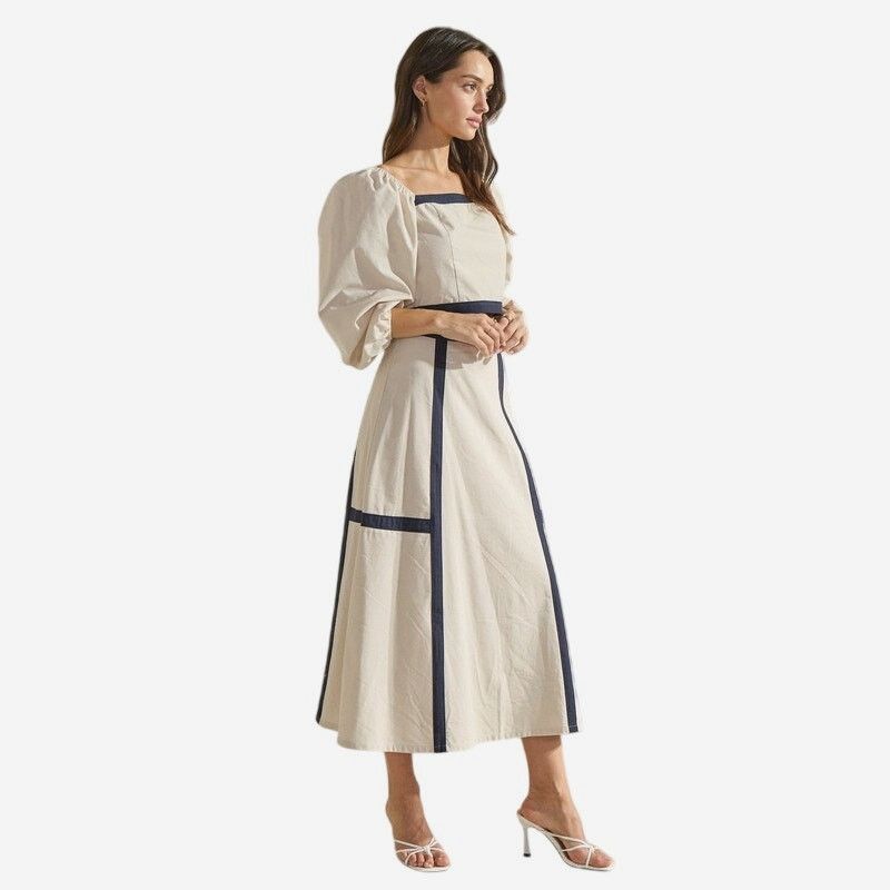 ABLE ABLE Sand Navy Contrast Trim Square Neck Top Midi Skirt Set Size 30" / US 8 / IT 44 - 6 Thumbnail