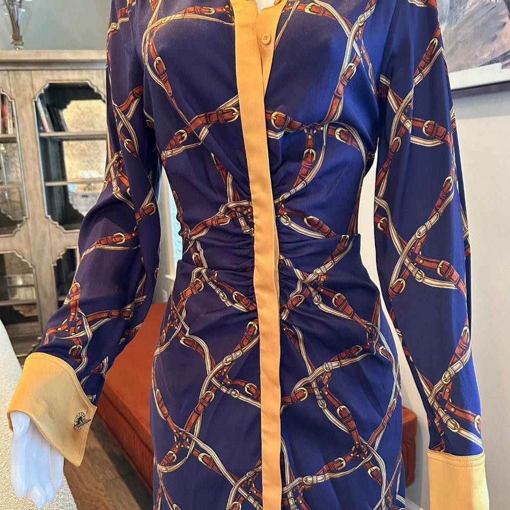 Designer Jonathan Simkhai Saddle-Print Ruched Long-Sleeve Shirtdress Size L / US 10 / IT 46 - 6 Thumbnail
