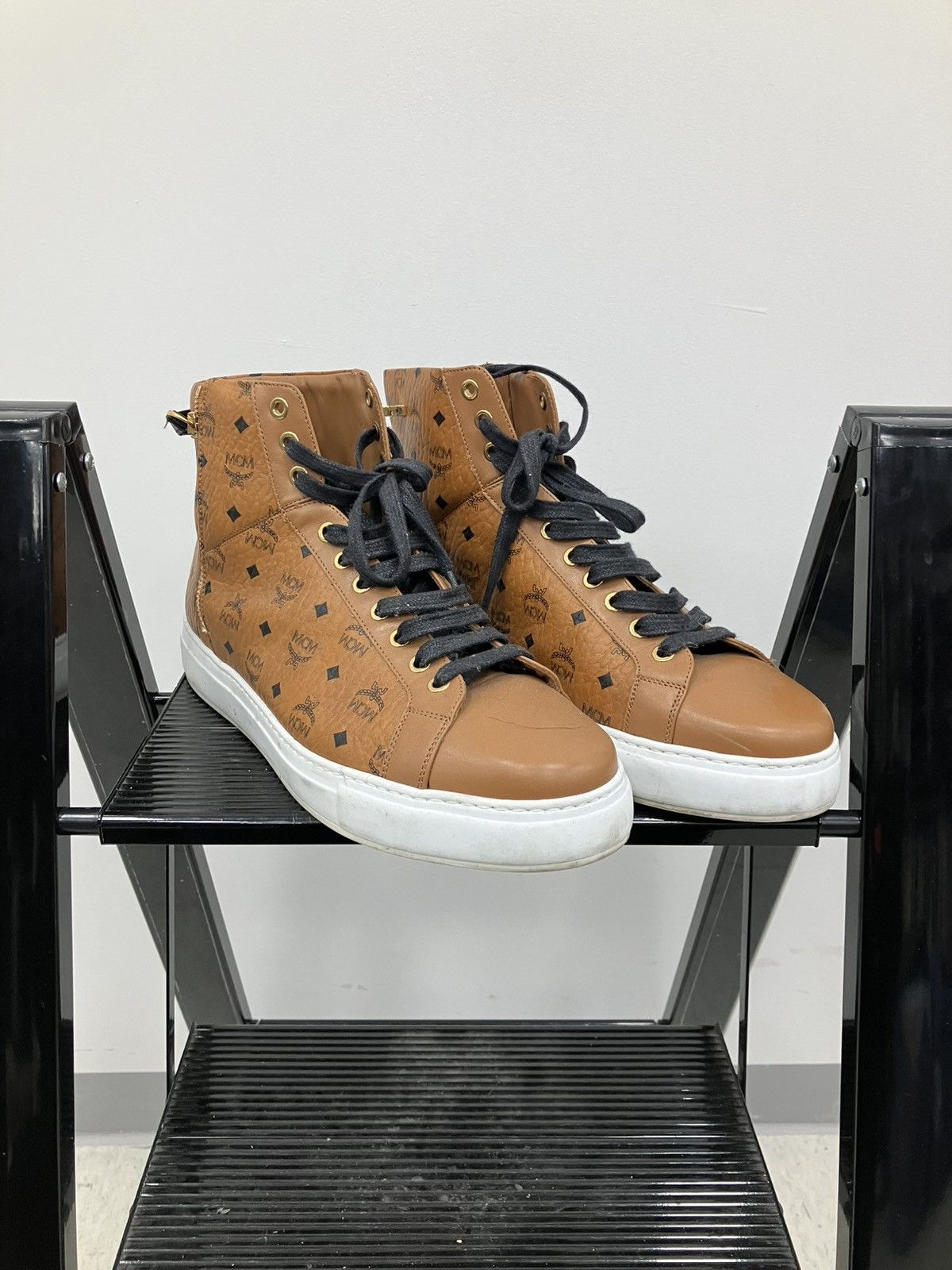 MCM MCM cognac visetos high-top terrain leather sneakers Size US 12 / EU 45 - 1 Thumbnail