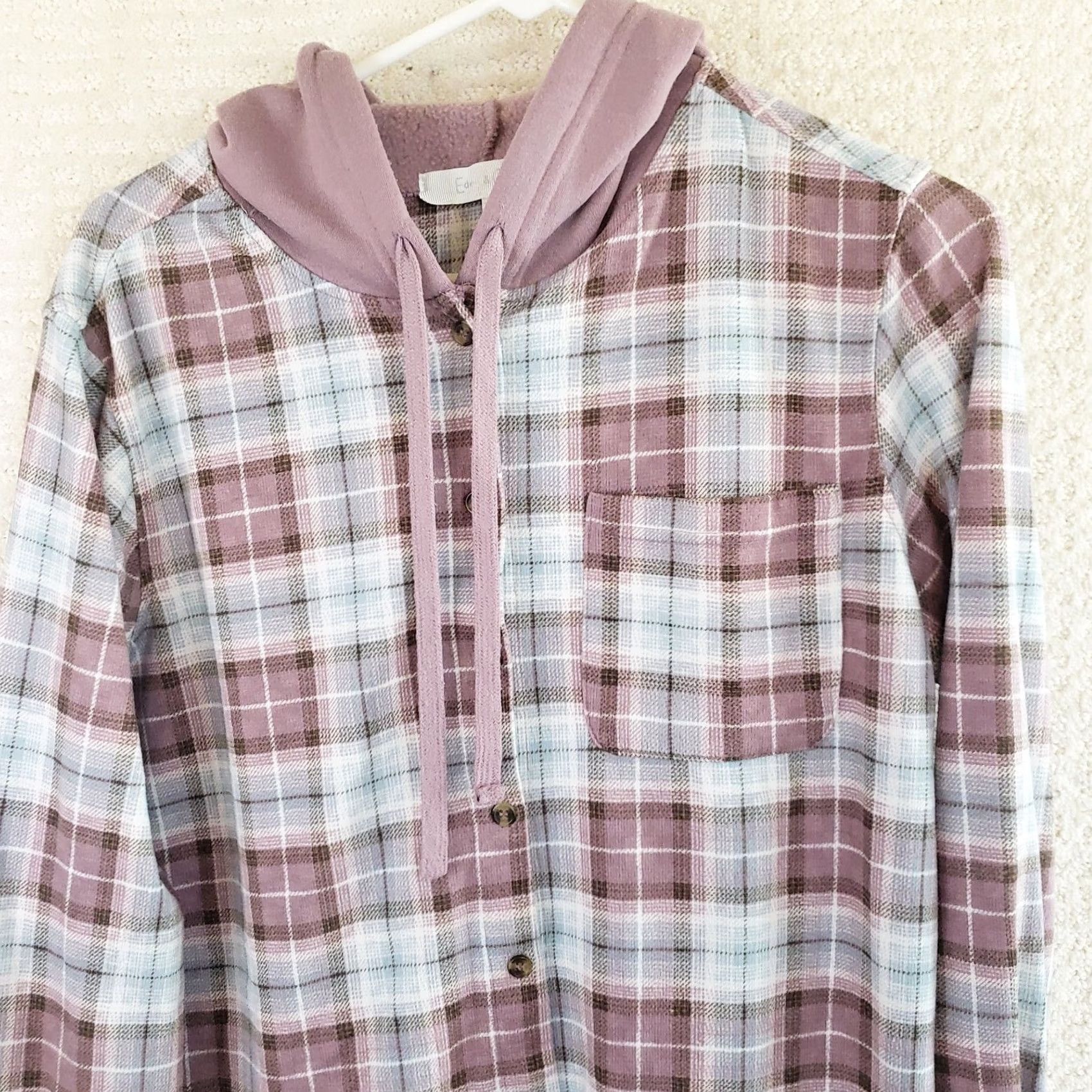 Vintage Eden & Olivia Women's M Pink Hooded Shirt Flannel Plaid Button Front Sherpa Lined Casual Size M / US 6-8 / IT 42-44 - 2 Thumbnail