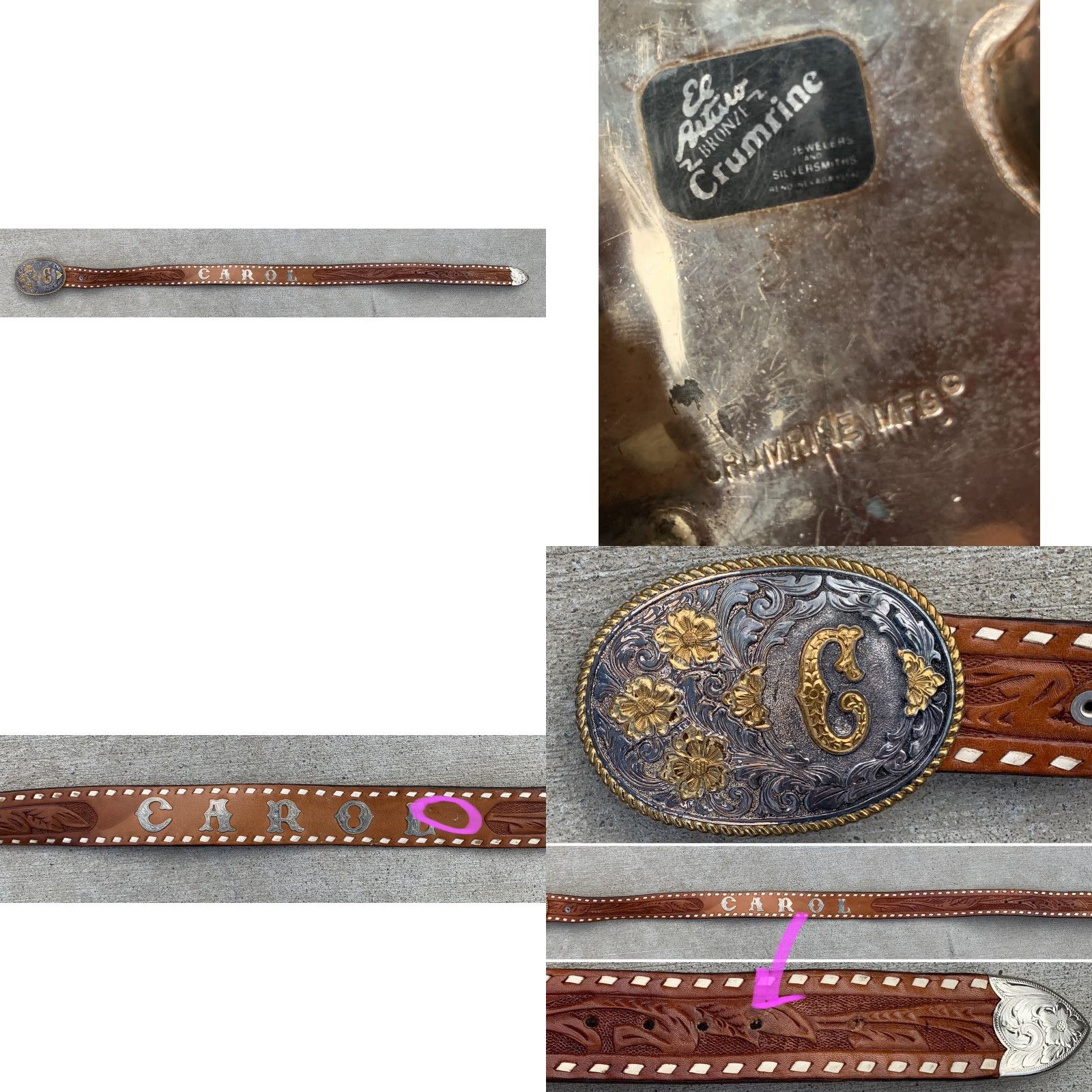 Vintage VINTAGE Tooled Leather Western Belt The Name Carol C Buckle El Arturo Crumrine Belt Size ONE SIZE - 9 Thumbnail