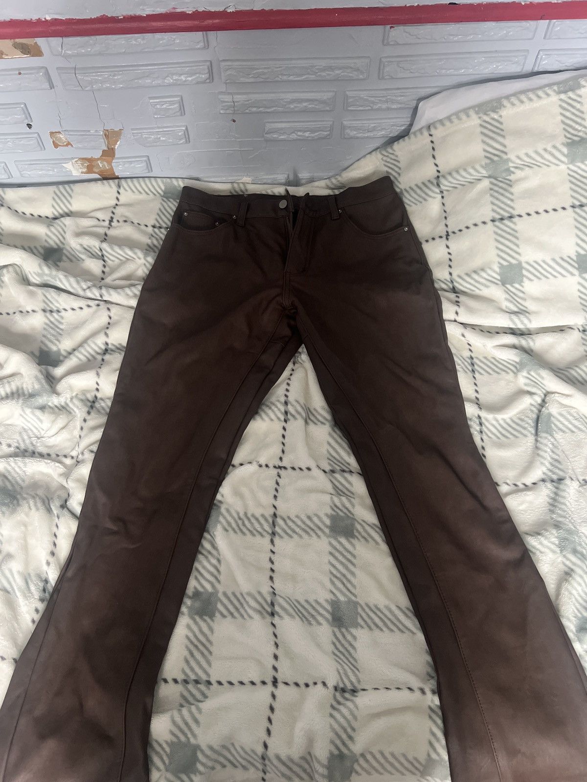 Japanese Brand × MNML Brown Leather MNML Flared Pants Size US 30 / EU 46 - 2 Thumbnail