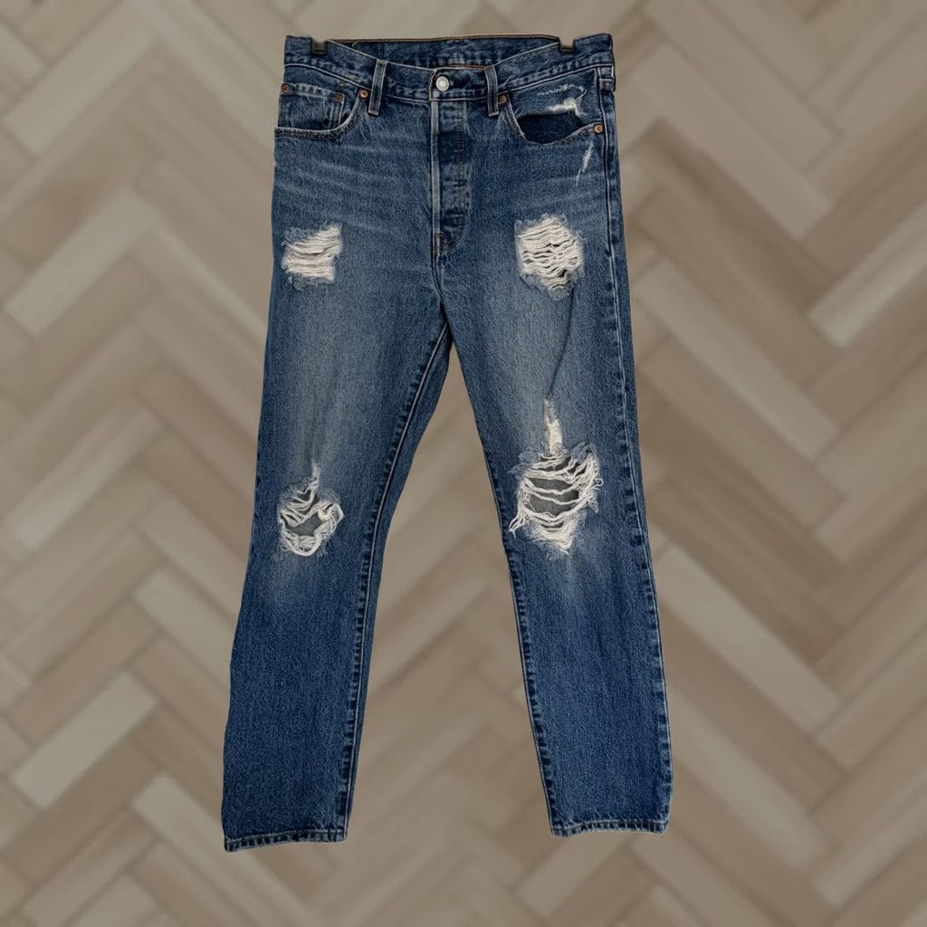 Levi's Levi's 501 Jeans Womens Blue Straight High Rise Distressed 29x30 Regular Denim Cotton Blend 5-Pocket Retro Logo N/AShape Size 29" - 1 Thumbnail