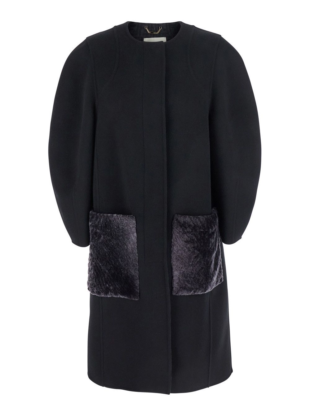 Fendi Black Crewneck Coat with Puffed Sleeves and Two Front Shearling Pockets in Wool Blend Woman Size M / US 6-8 / IT 42-44 - 1 Thumbnail
